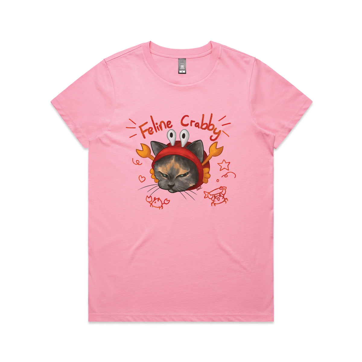 Bubblegum fitted womens t-shirt with Feline Crabby graphic by Lonely Kids Club
