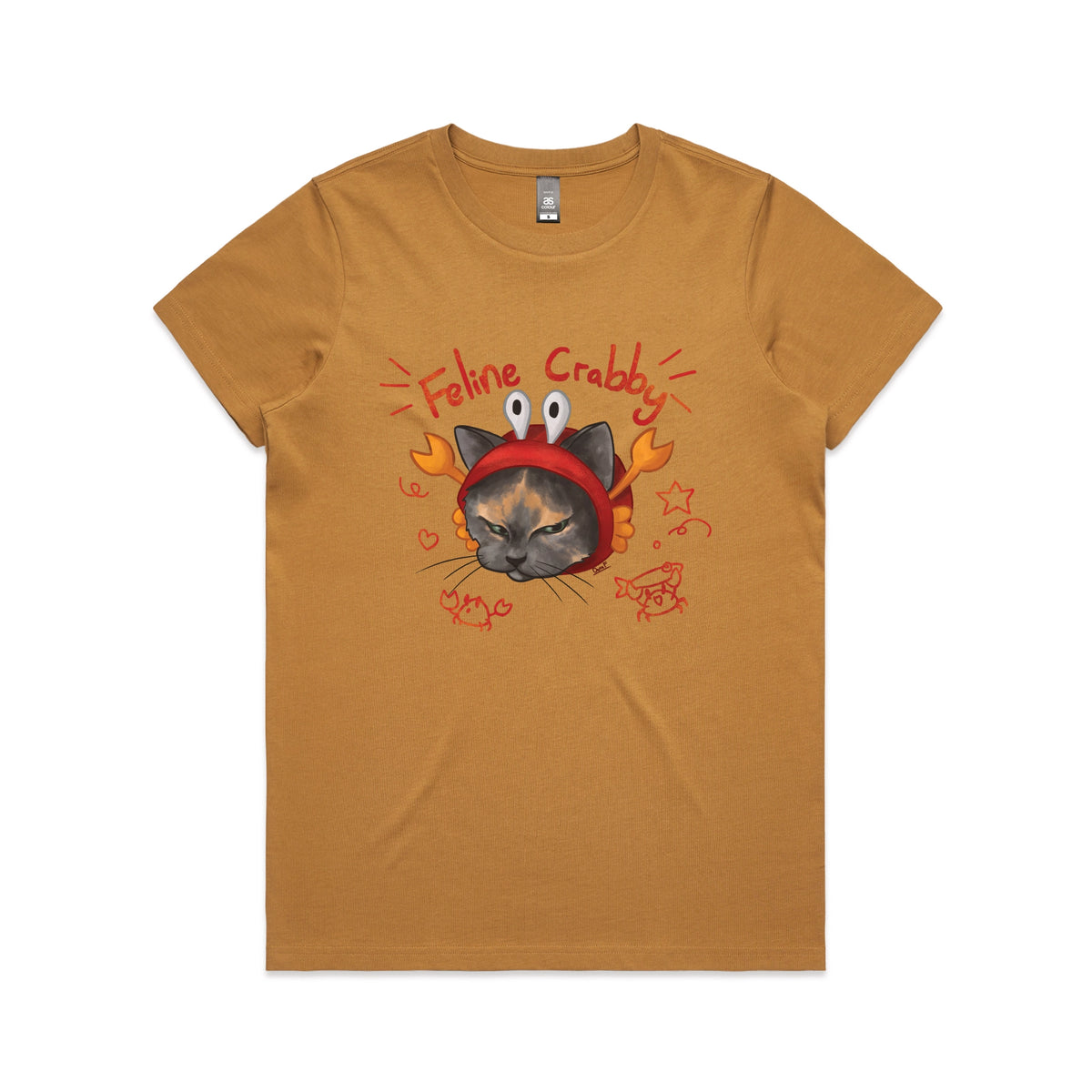 Camel fitted womens t-shirt with Feline Crabby graphic by Lonely Kids Club