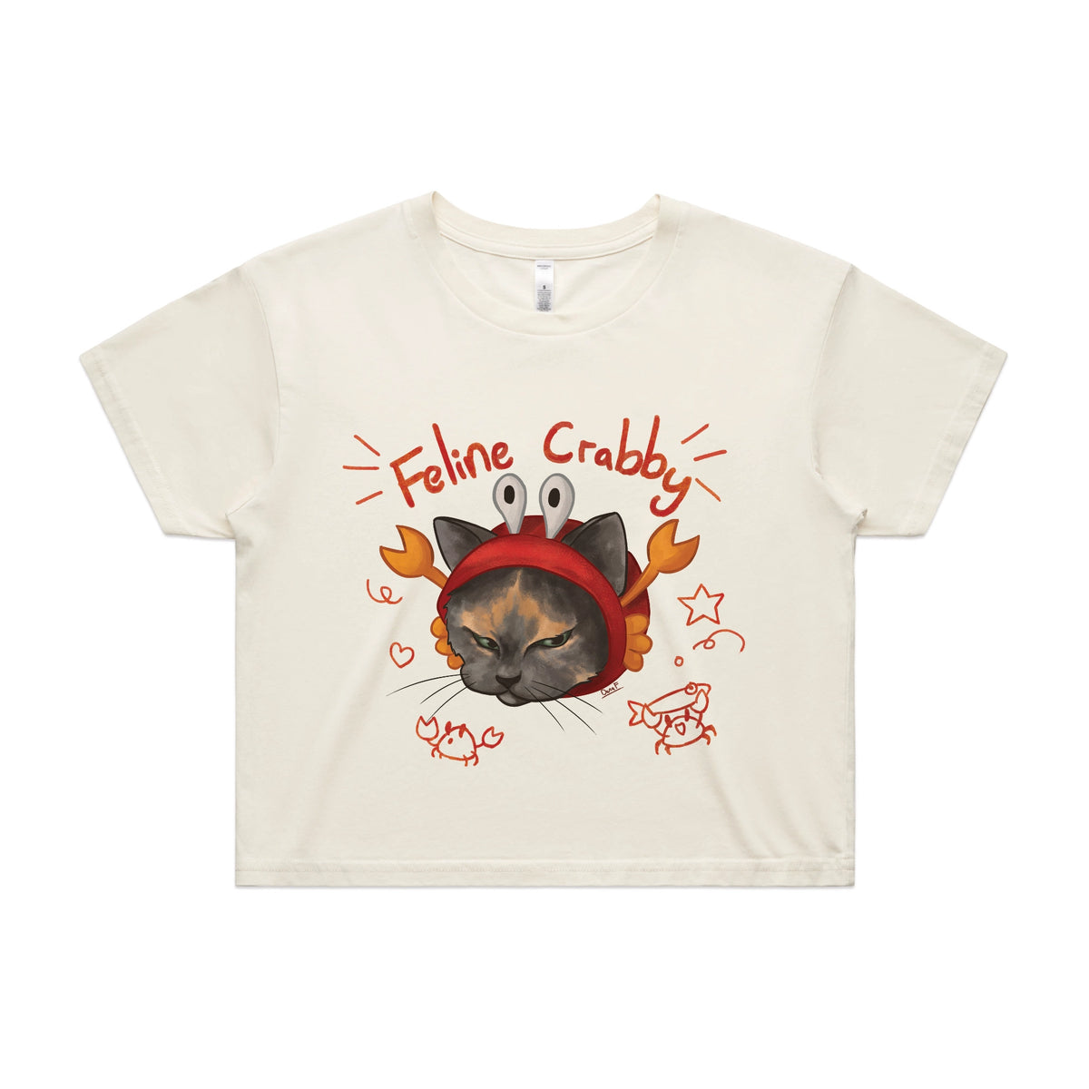 Ecru crop top with Feline Crabby graphic by Lonely Kids Club