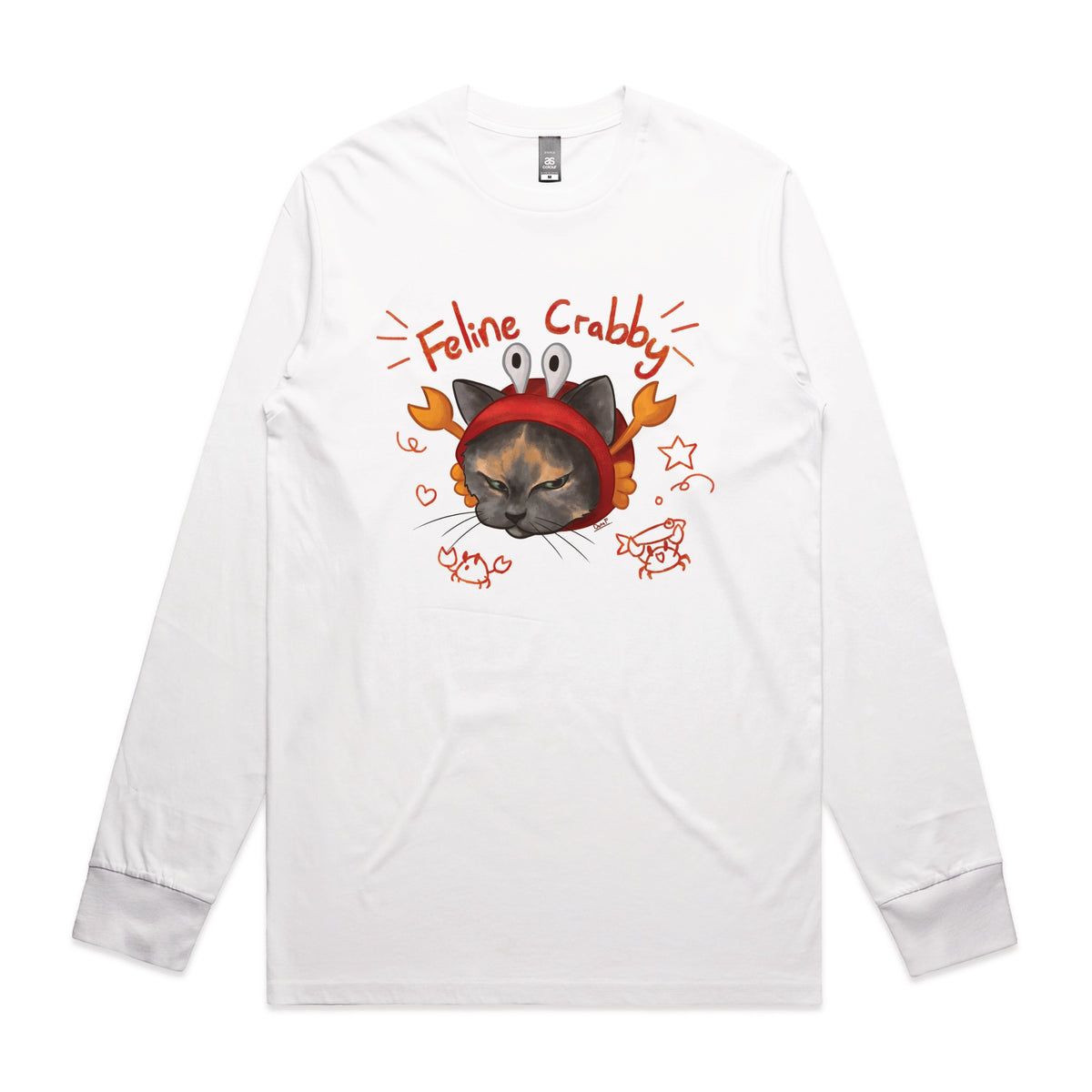 White long sleeve t-shirt with Feline Crabby graphic by Lonely Kids Club