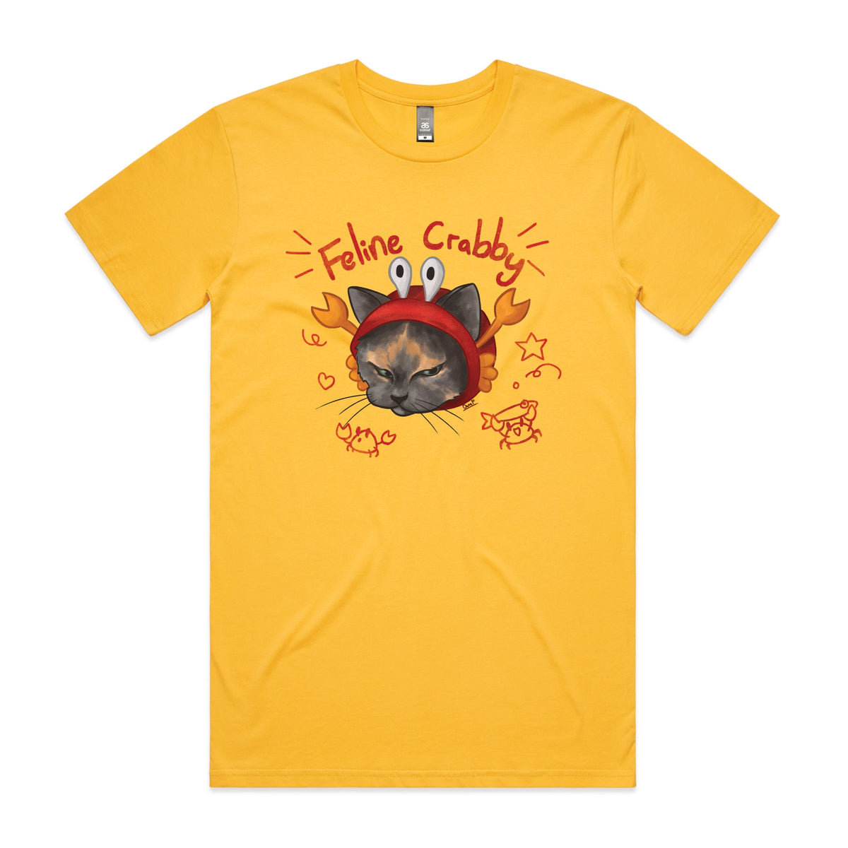 Yellow unisex t-shirt with Feline Crabby graphic by Lonely Kids Club