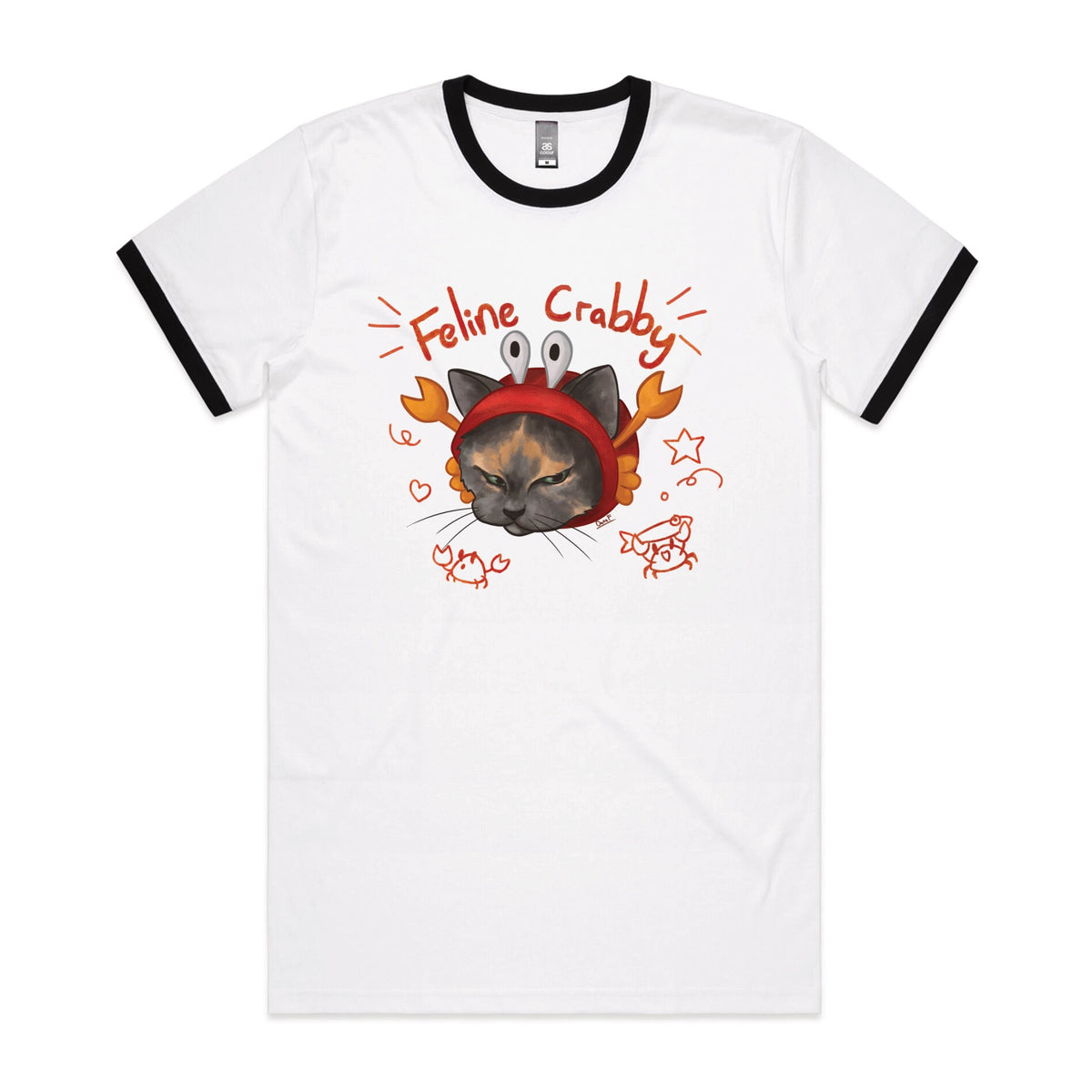 Black/White Ringer unisex t-shirt with Feline Crabby graphic by Lonely Kids Club