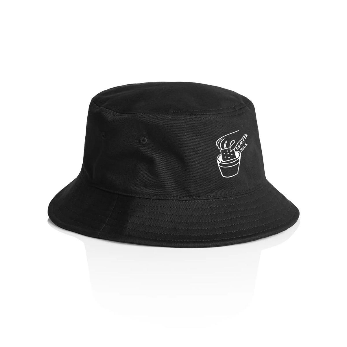 Black bucket hat with CrackerMilk Logo Bucket Hat graphic by Lonely Kids Club