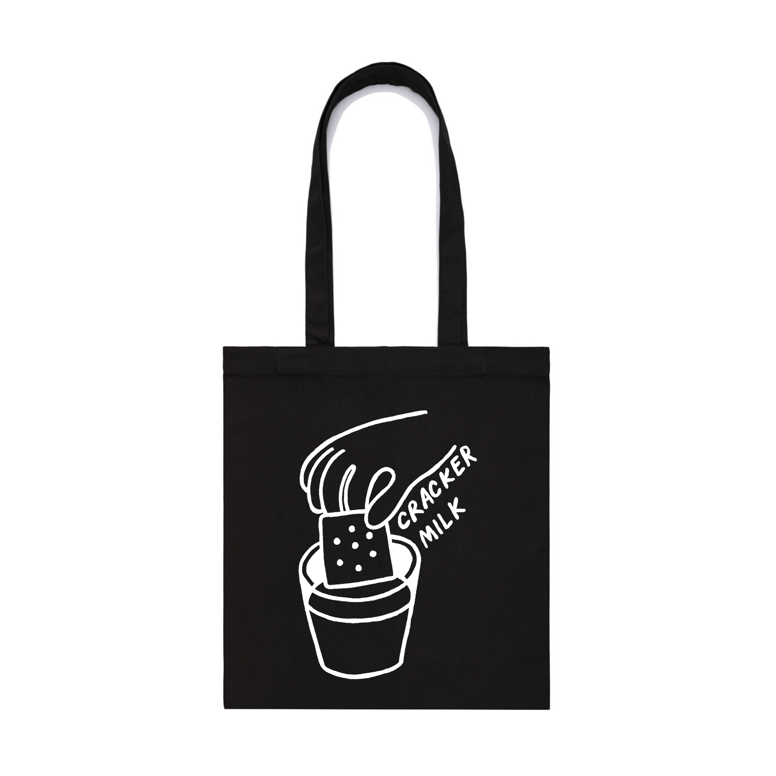 Black parcel tote with CrackerMilk Logo Tote graphic by Lonely Kids Club