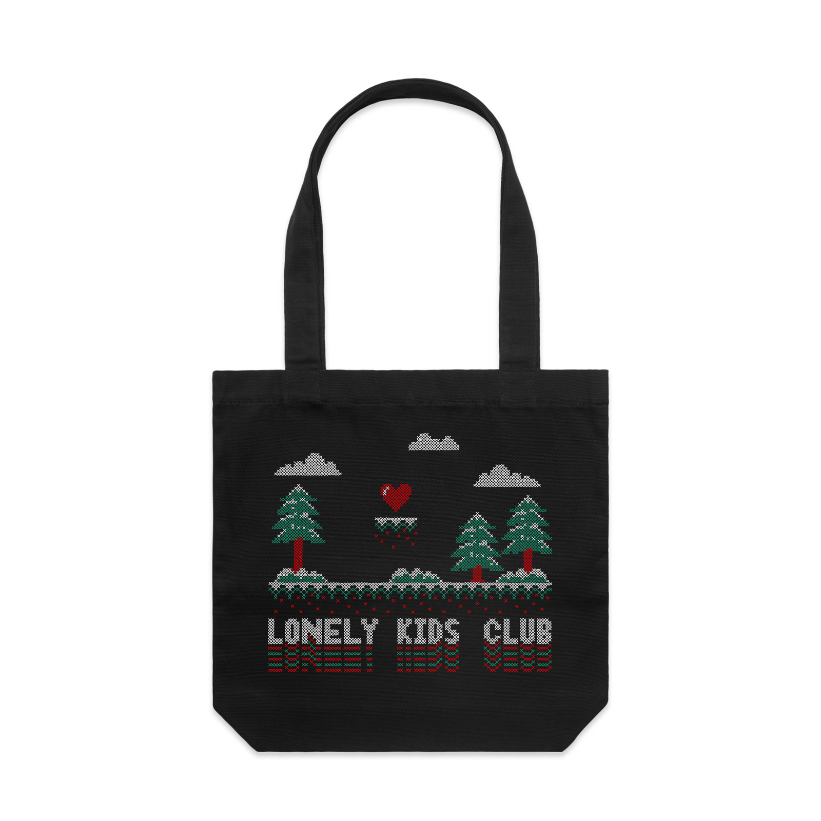 Black carrie tote with Cross Stitch Tote graphic by Lonely Kids Club