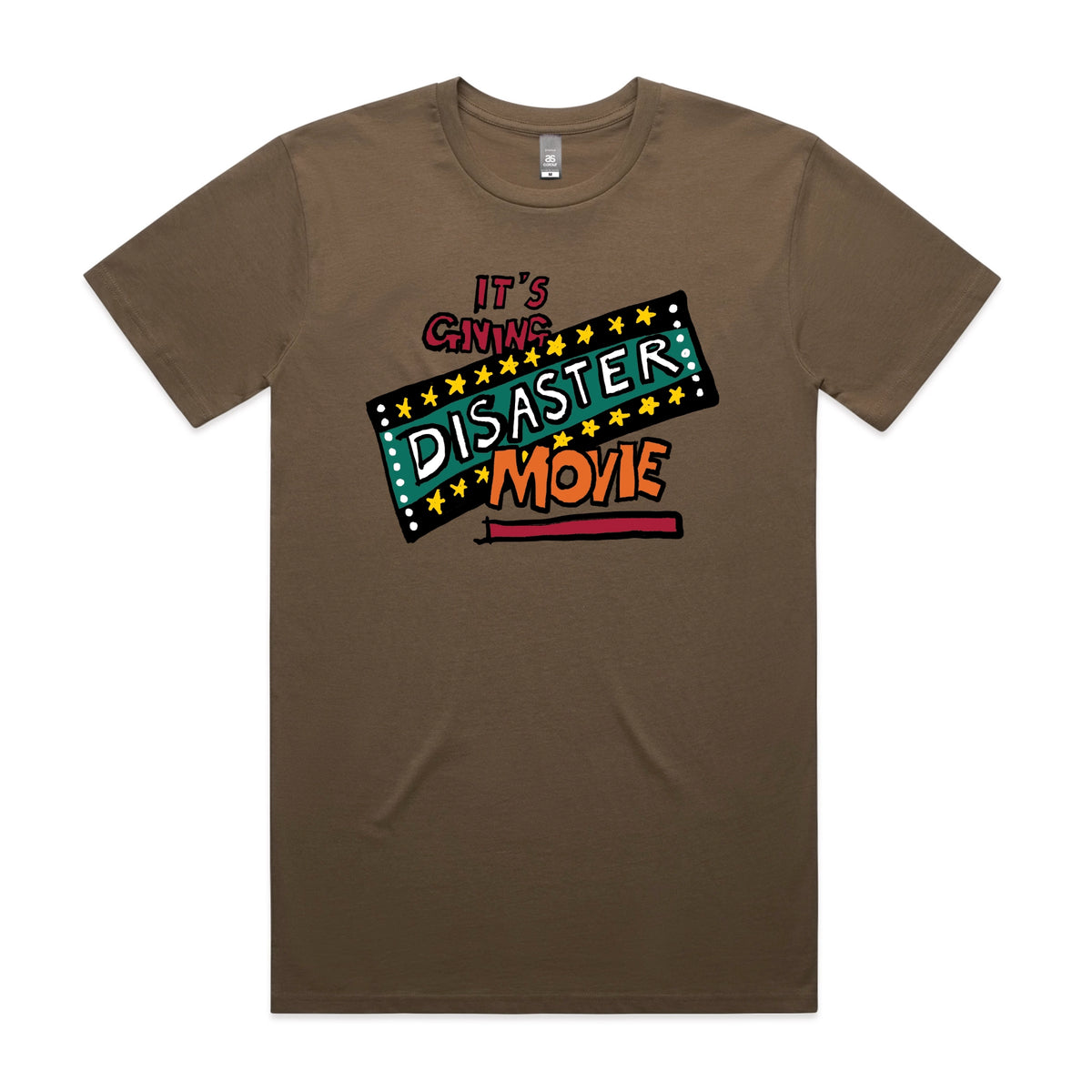 Walnut unisex t-shirt with Disaster Movie graphic by Lonely Kids Club