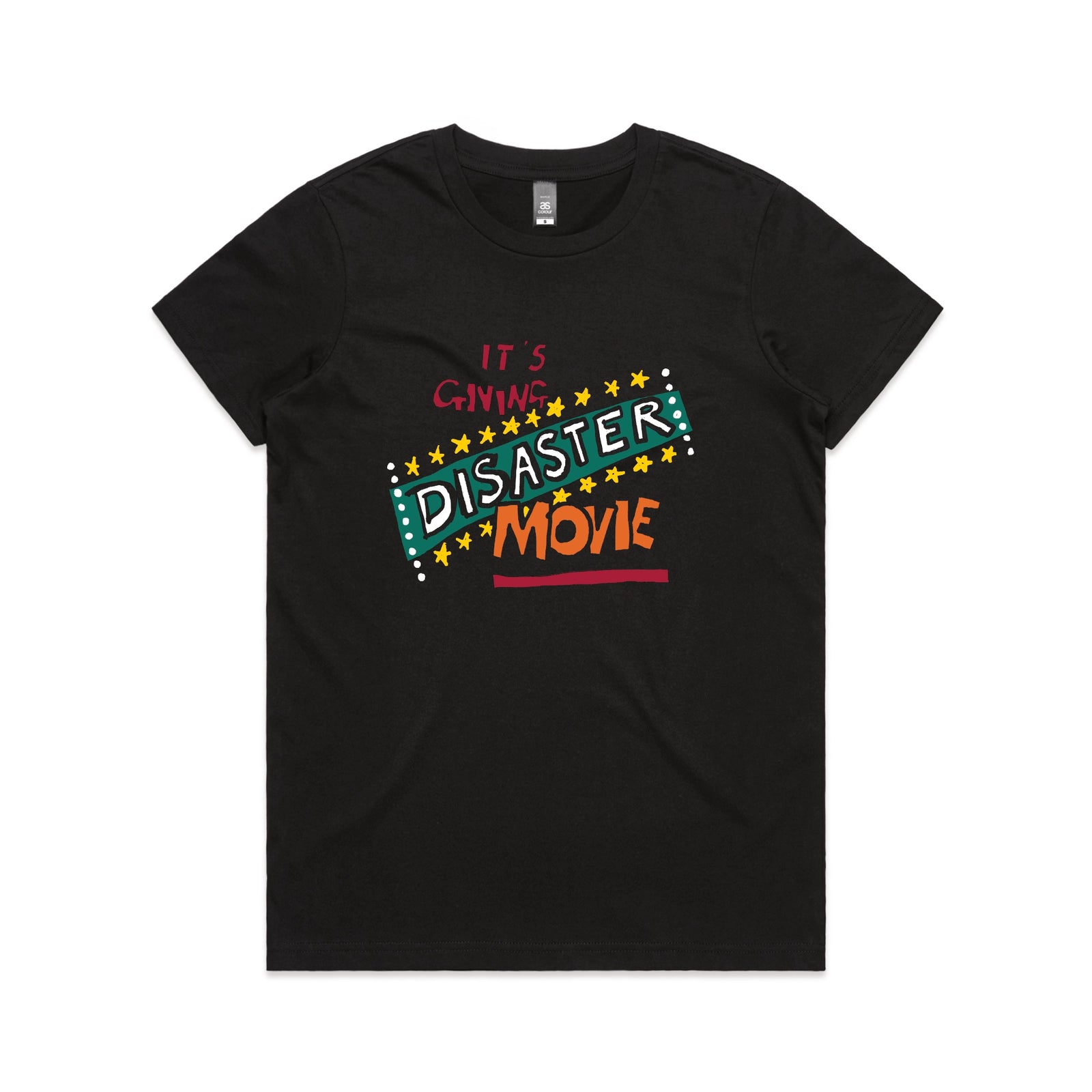 Black fitted womens t-shirt with Disaster Movie graphic by Lonely Kids Club