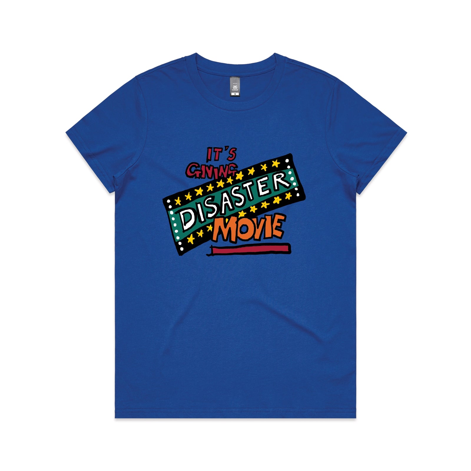 Royal Blue fitted womens t-shirt with Disaster Movie graphic by Lonely Kids Club