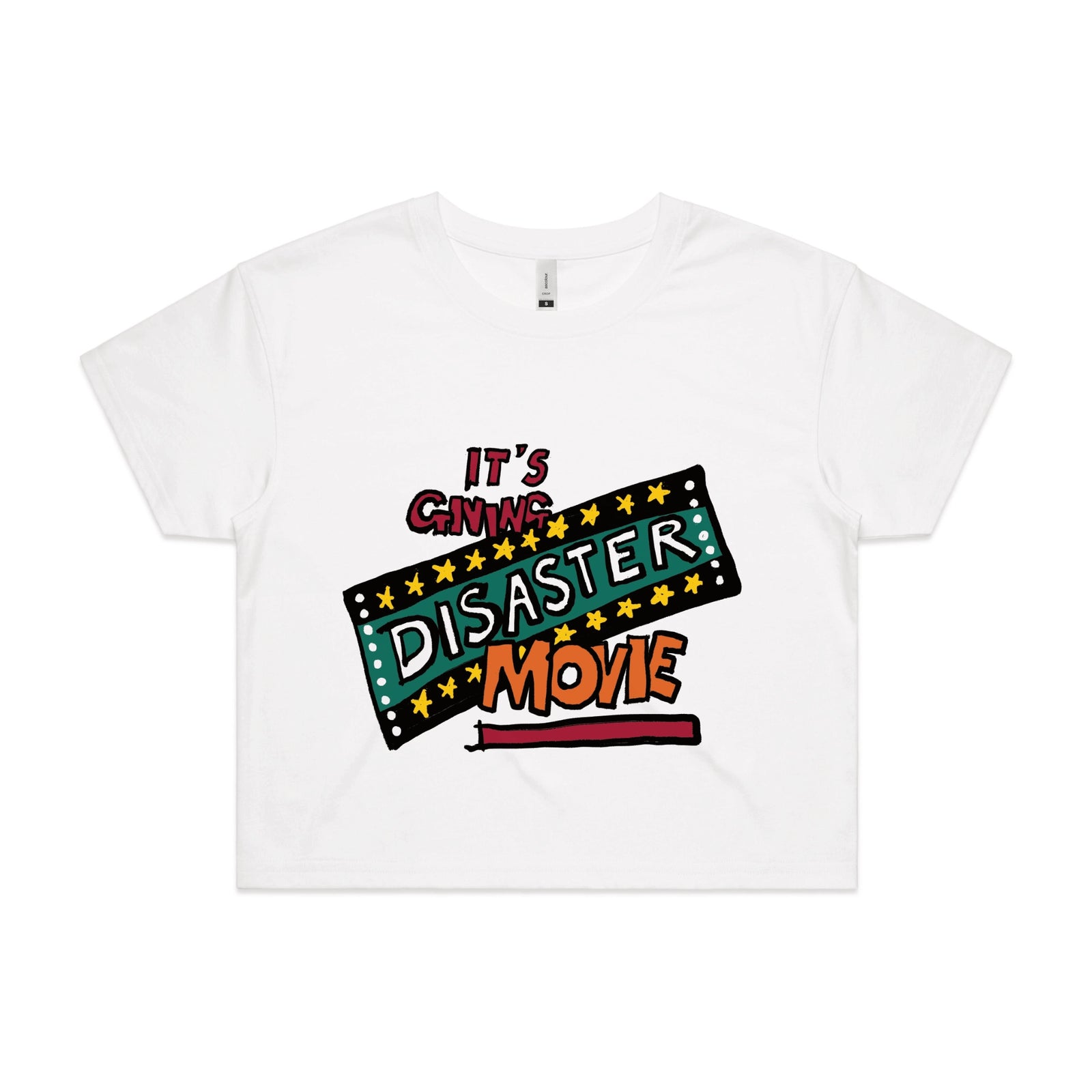 White crop top with Disaster Movie graphic by Lonely Kids Club