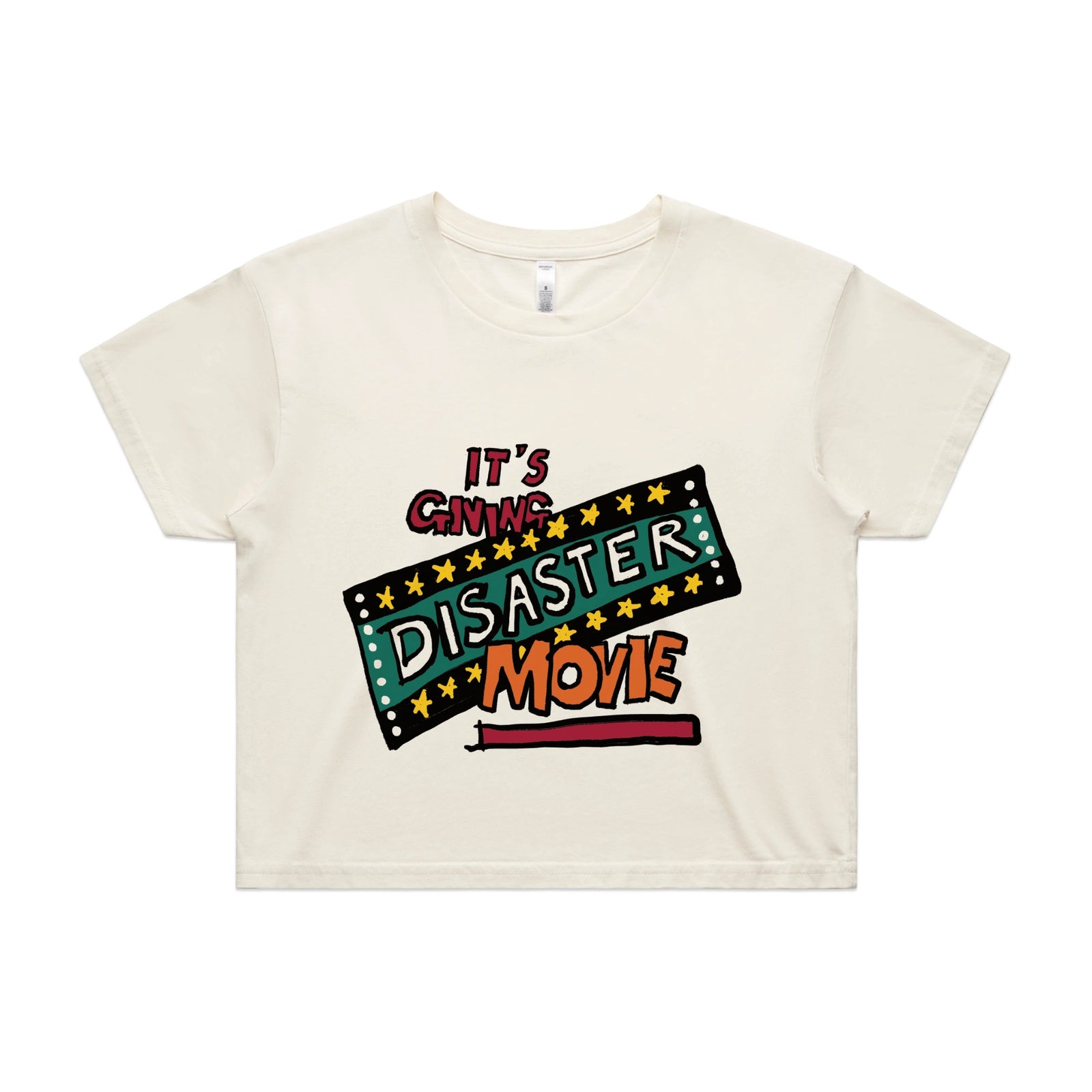Ecru crop top with Disaster Movie graphic by Lonely Kids Club