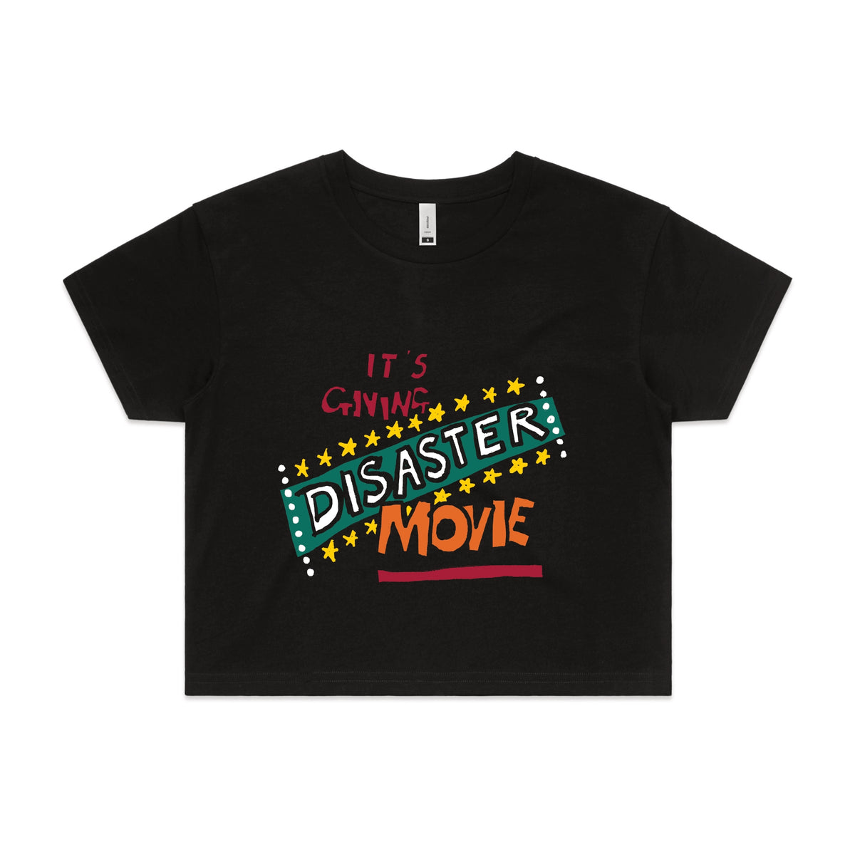 Black crop top with Disaster Movie graphic by Lonely Kids Club