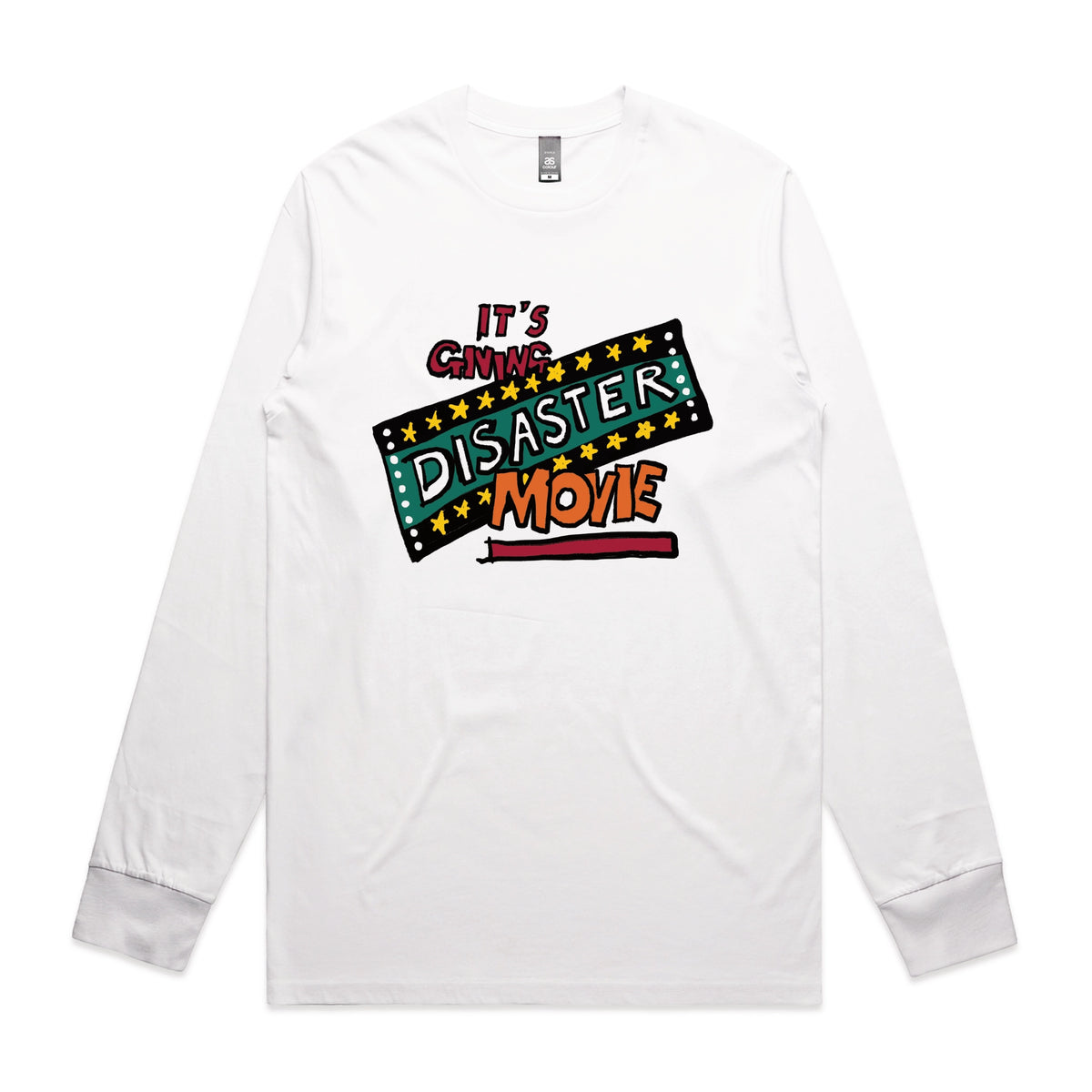 White long sleeve t-shirt with Disaster Movie graphic by Lonely Kids Club