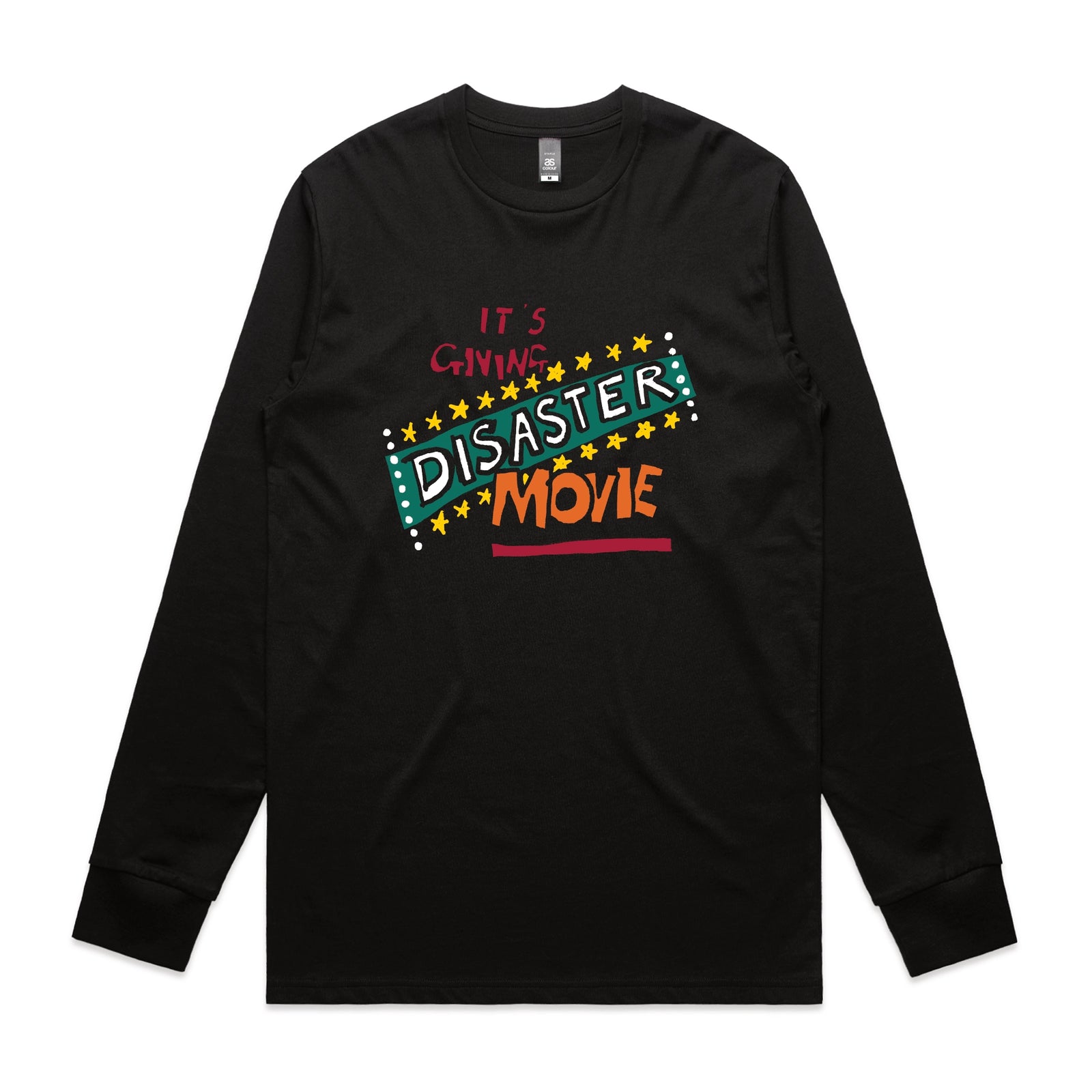 Black long sleeve t-shirt with Disaster Movie graphic by Lonely Kids Club