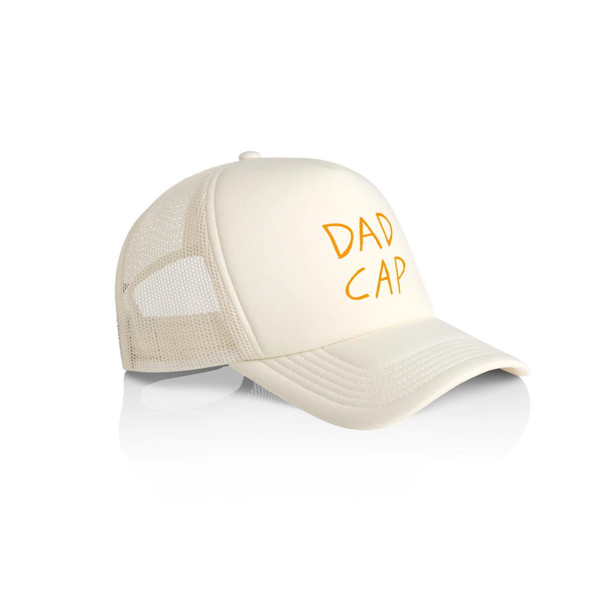 Ecru trucker hat with Dad design, artwork by Warwick Levy for Lonely Kids Club