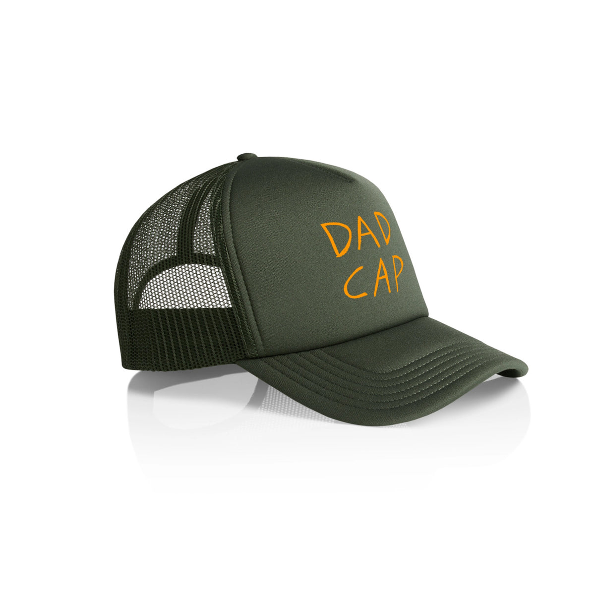 Army Green trucker hat with Dad design, artwork by Warwick Levy for Lonely Kids Club