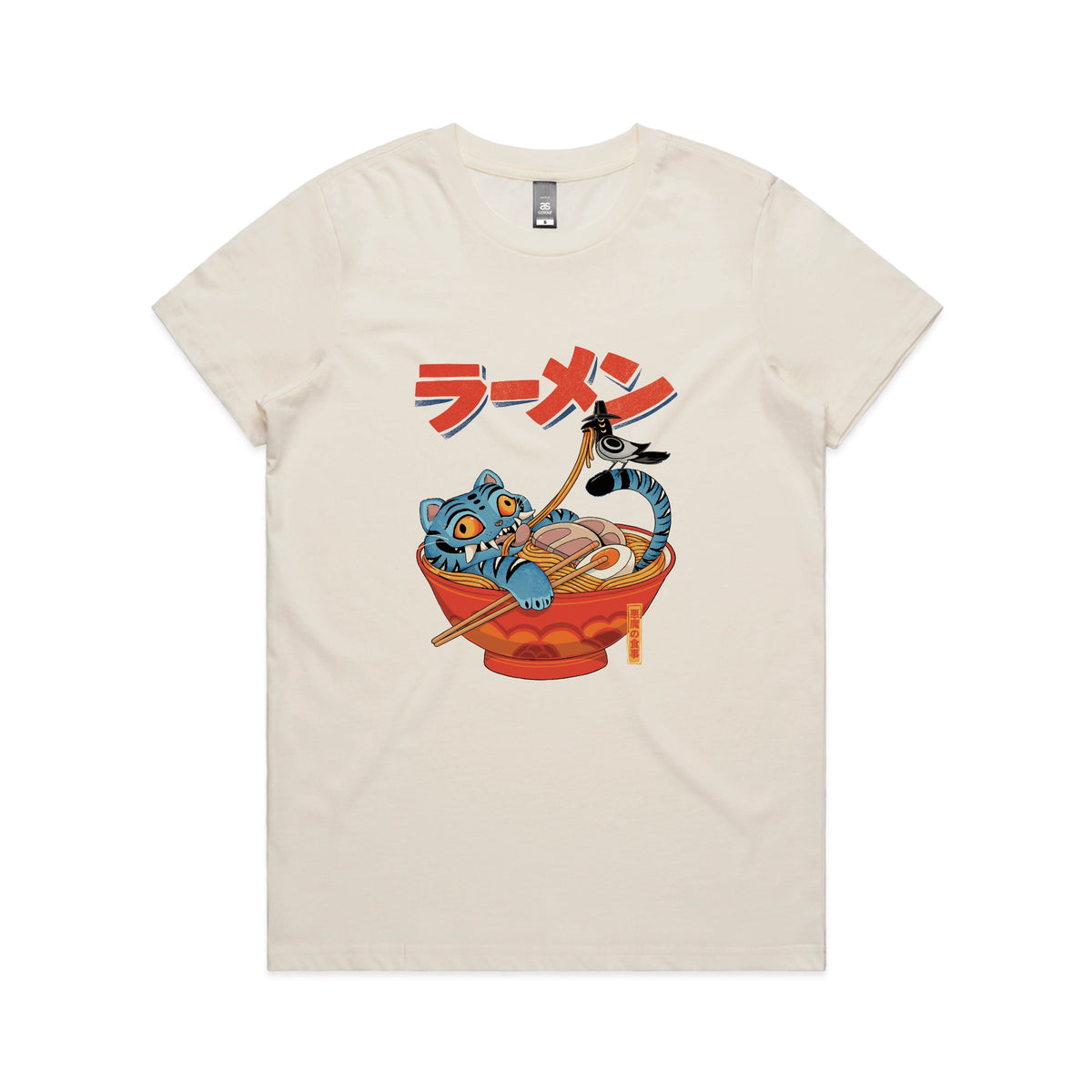 Ecru fitted womens t-shirt with Derpy Ramen graphic by Lonely Kids Club