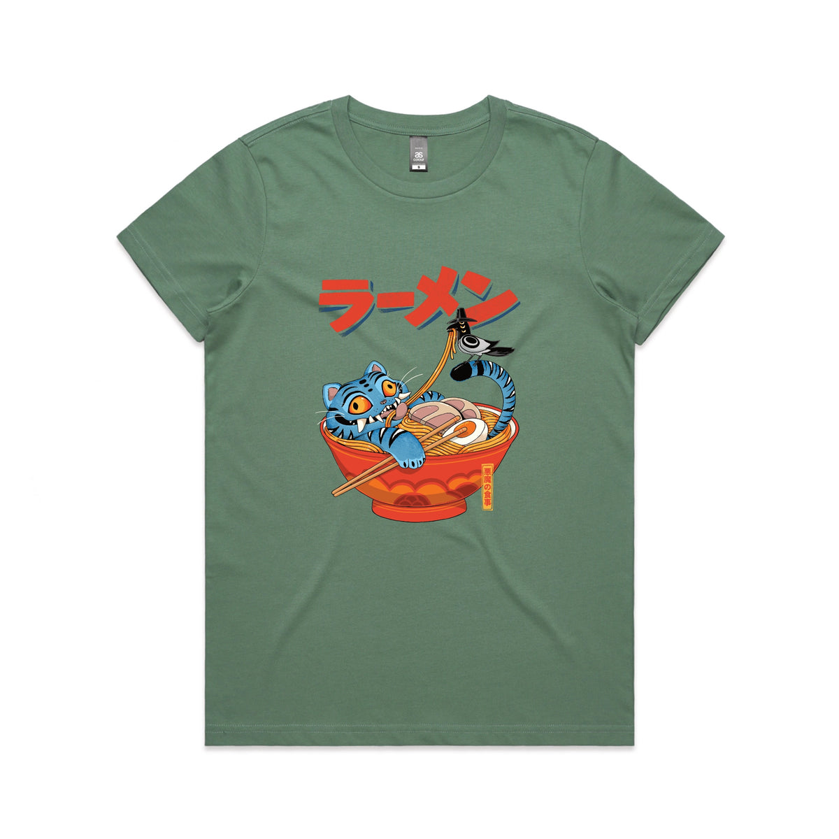 Sage fitted womens t-shirt with Derpy Ramen graphic by Lonely Kids Club