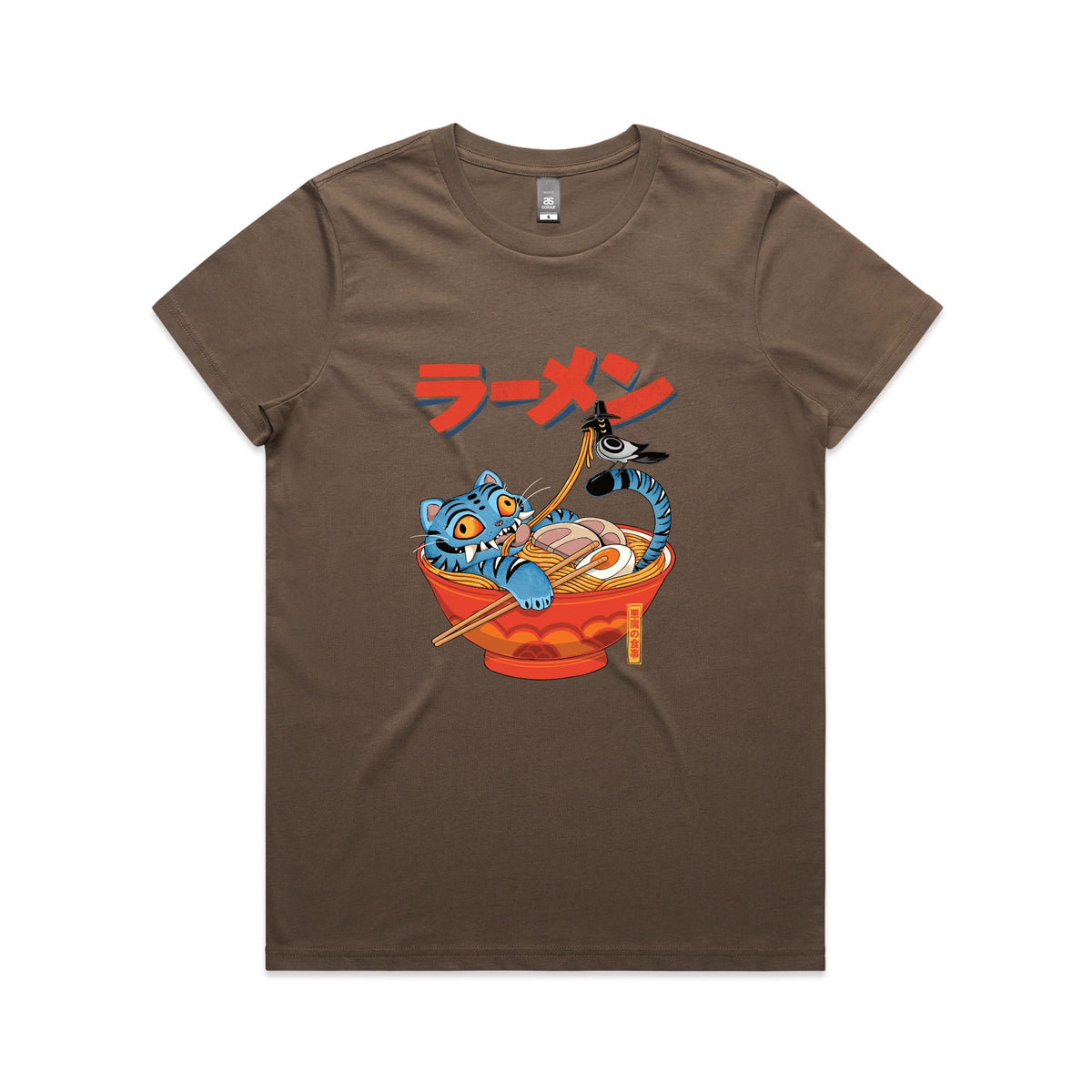 Walnut fitted womens t-shirt with Derpy Ramen graphic by Lonely Kids Club