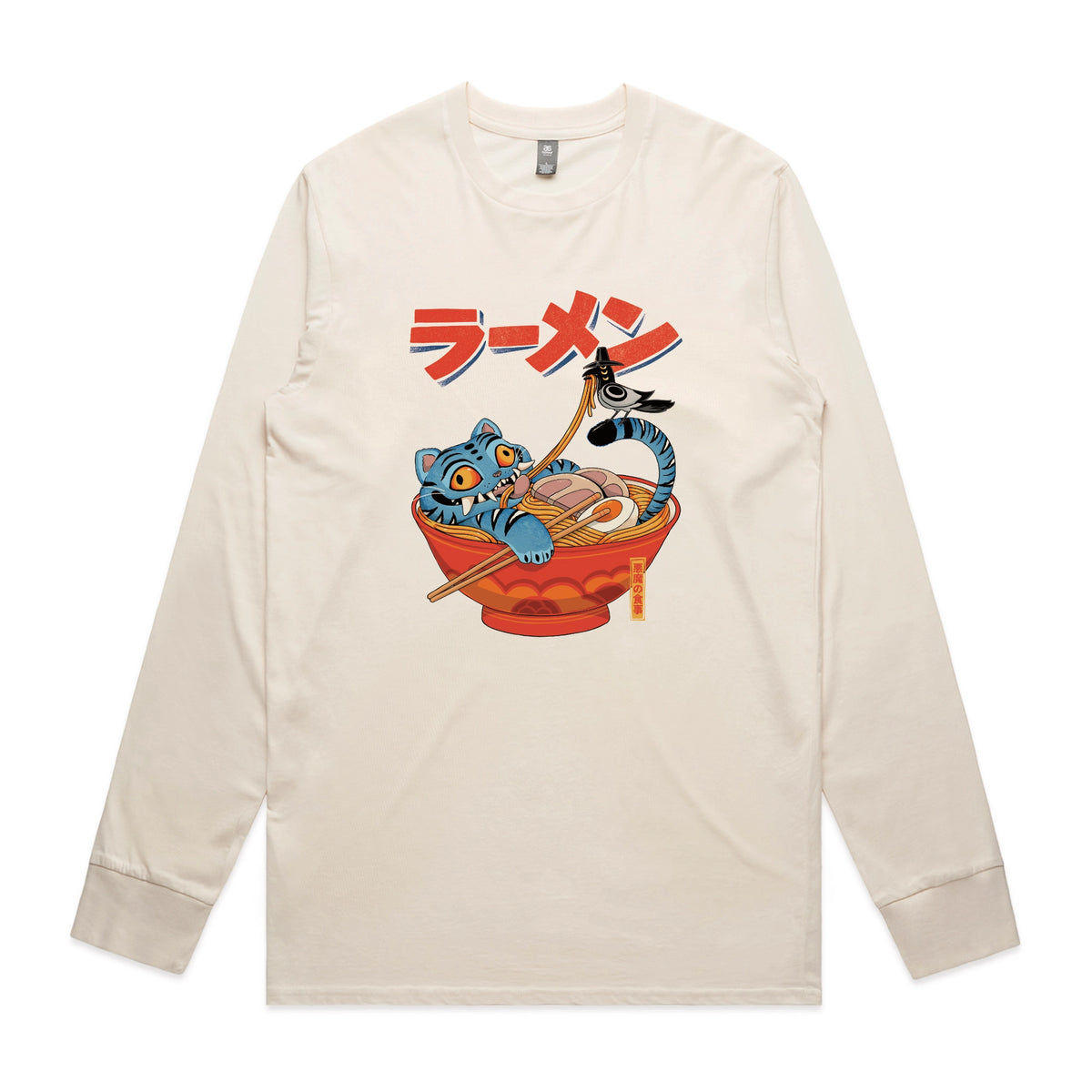 Ecru long sleeve t-shirt with Derpy Ramen graphic by Lonely Kids Club