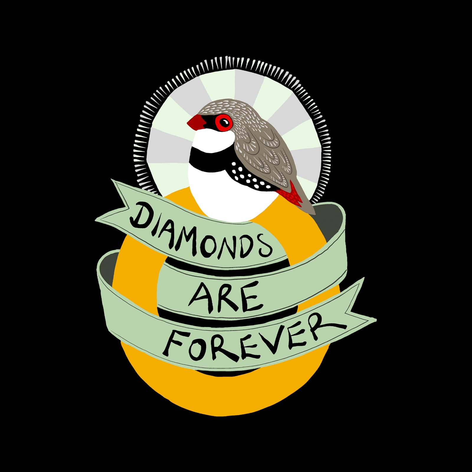 Illustration of a bird with 'Diamonds Are Forever' text on a black background