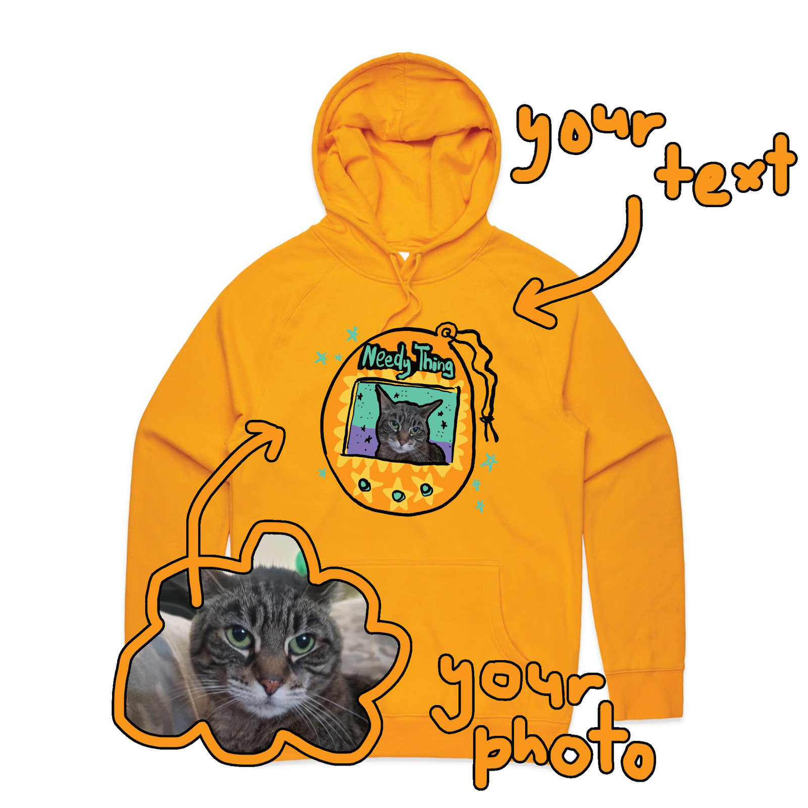 Gold regular hoodie with Custom Digipet Hoodie graphic by Lonely Kids Club