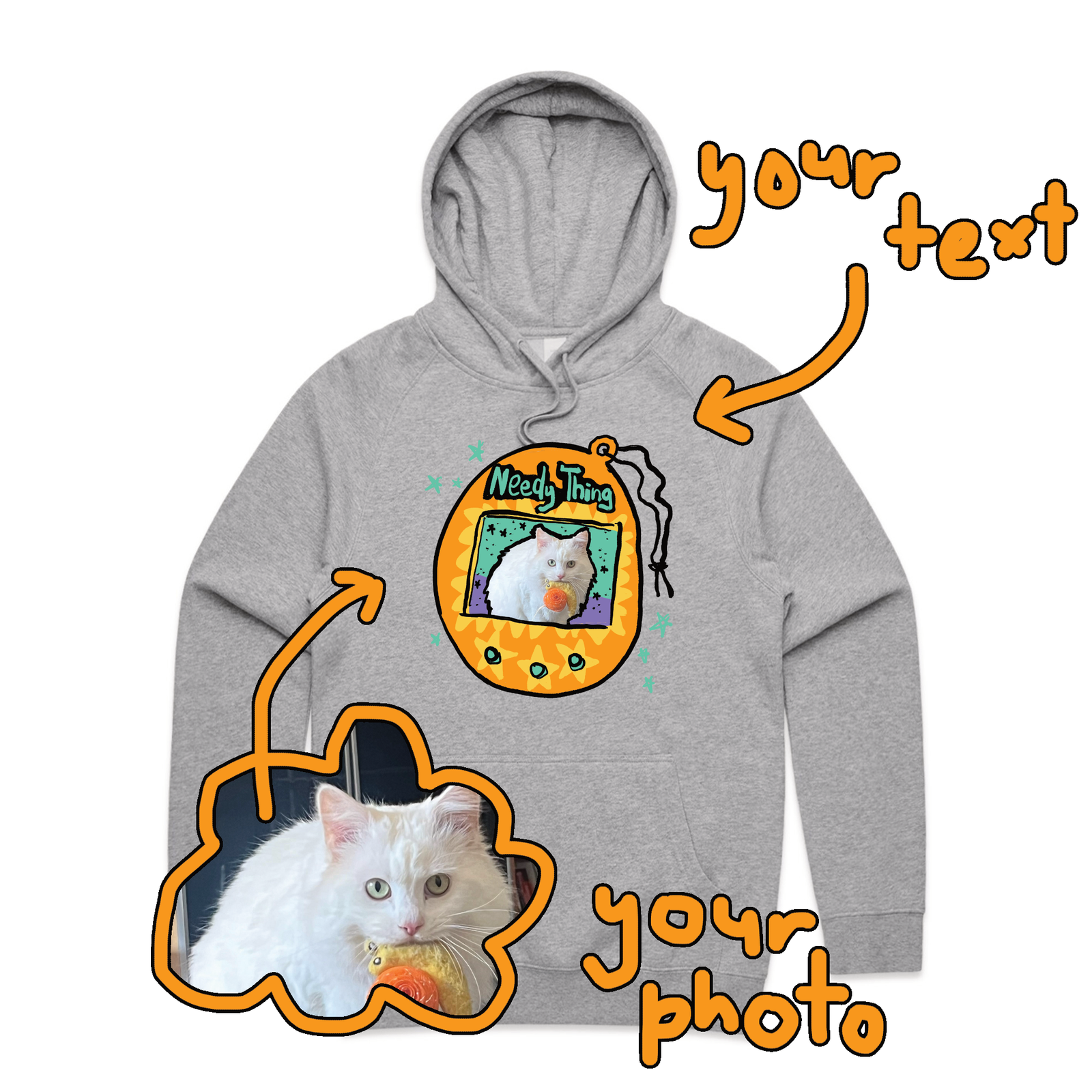 Grey Marle regular hoodie with Custom Digipet Hoodie graphic by Lonely Kids Club