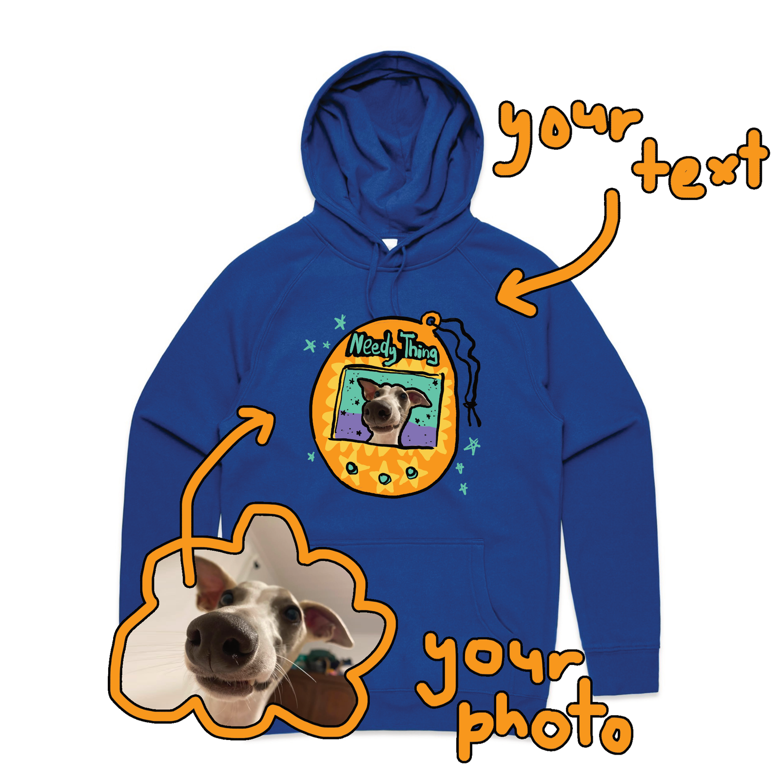 Royal Blue regular hoodie with Custom Digipet Hoodie graphic by Lonely Kids Club