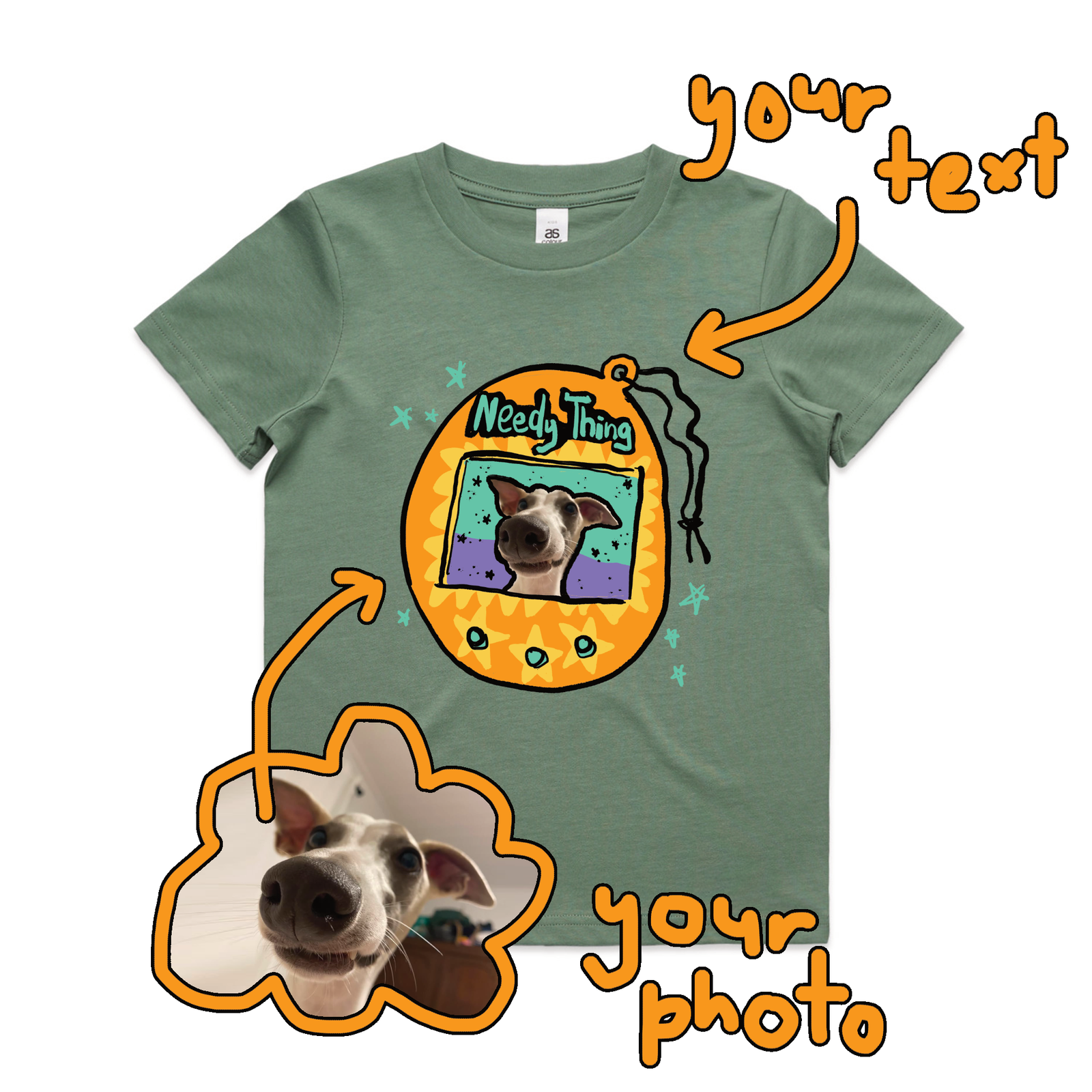 Sage kids t-shirt with Custom Digipet Kids graphic by Lonely Kids Club