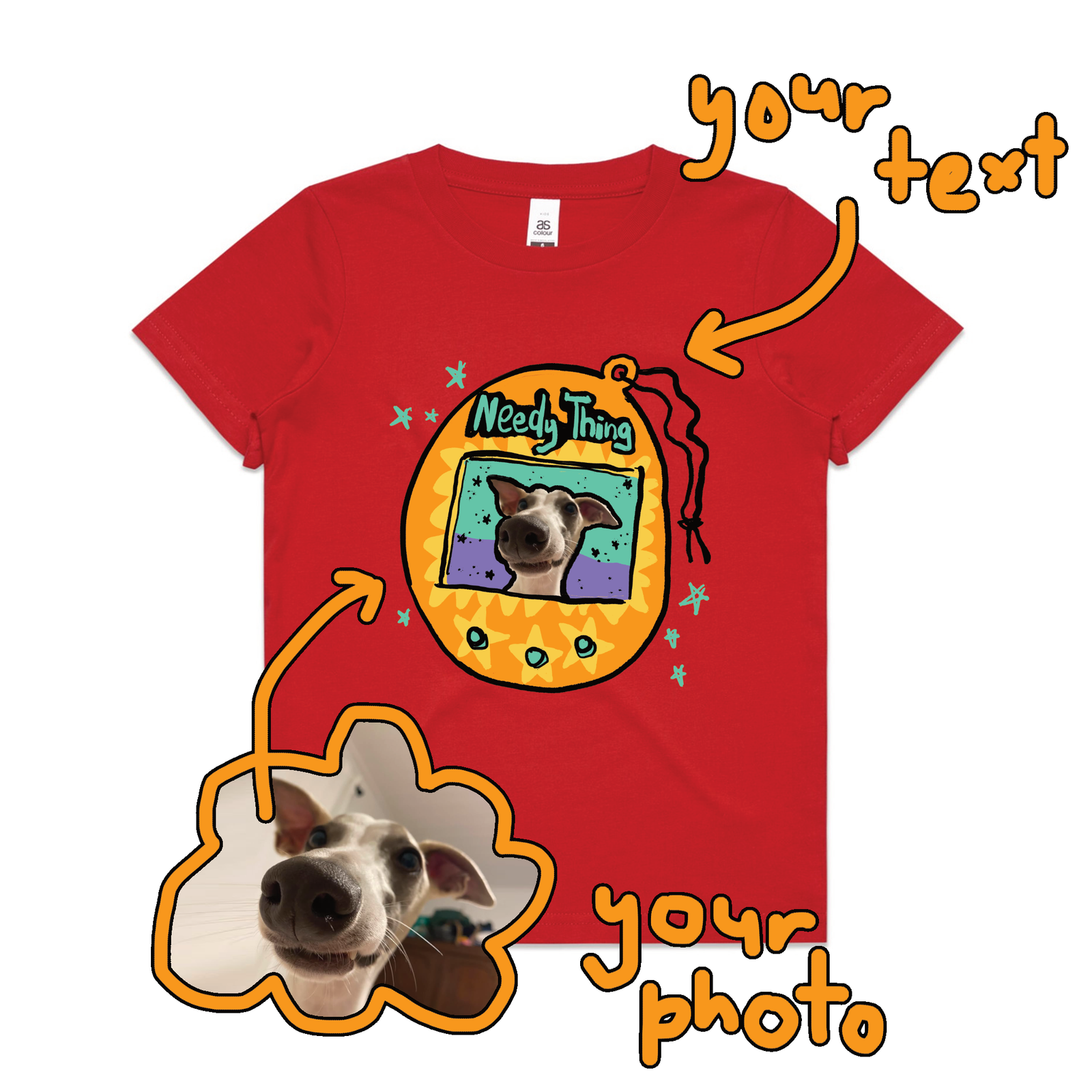 Red kids t-shirt with Custom Digipet Kids graphic by Lonely Kids Club