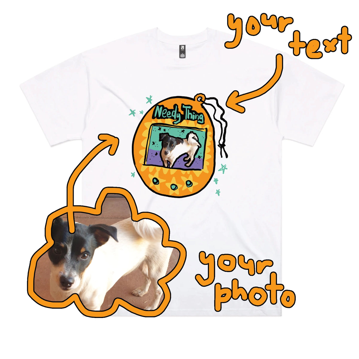 White oversized t-shirt with Custom Digipet graphic by Lonely Kids Club