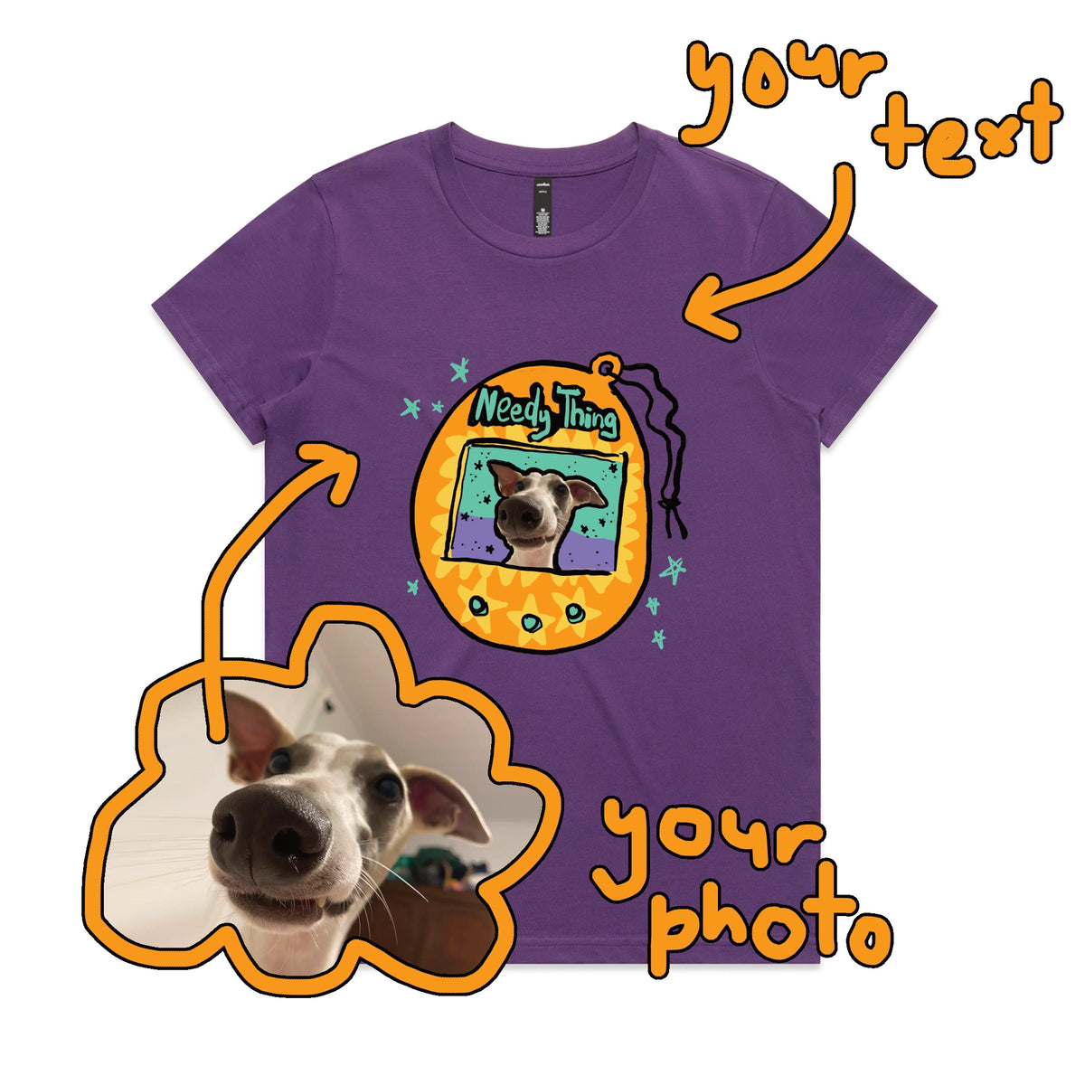 Purple fitted womens t-shirt with Custom Digipet graphic by Lonely Kids Club
