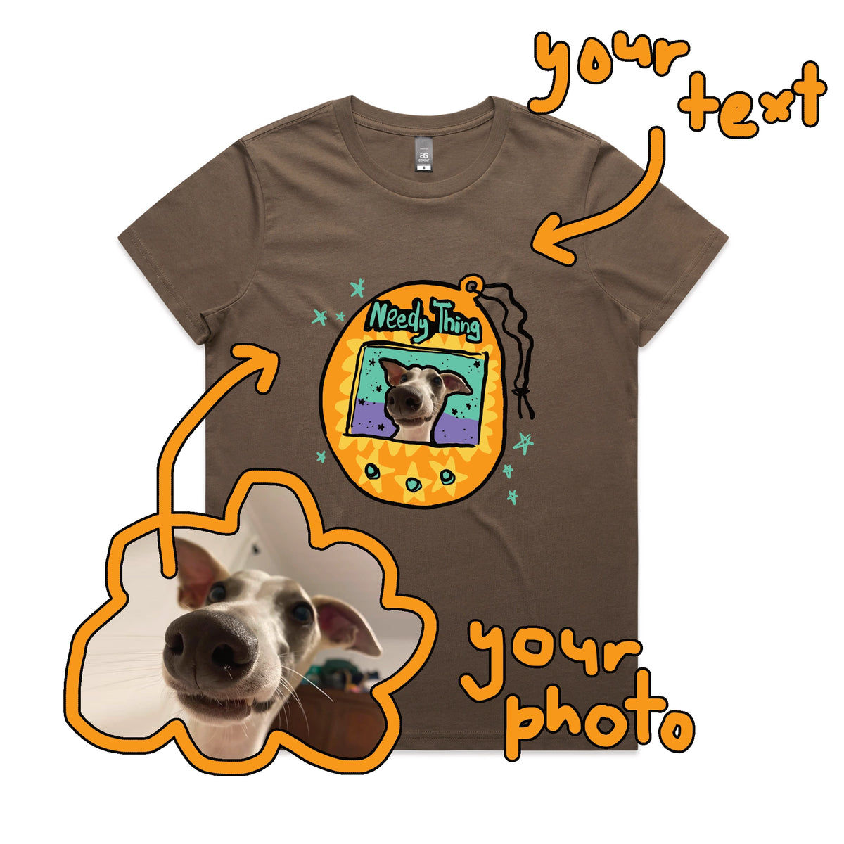 Walnut fitted womens t-shirt with Custom Digipet graphic by Lonely Kids Club