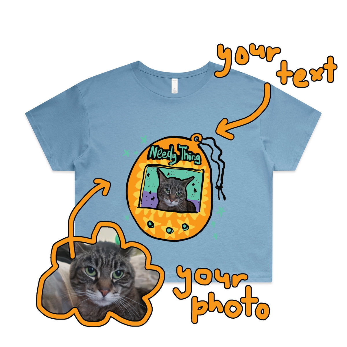 Carolina Blue crop top with Custom Digipet graphic by Lonely Kids Club