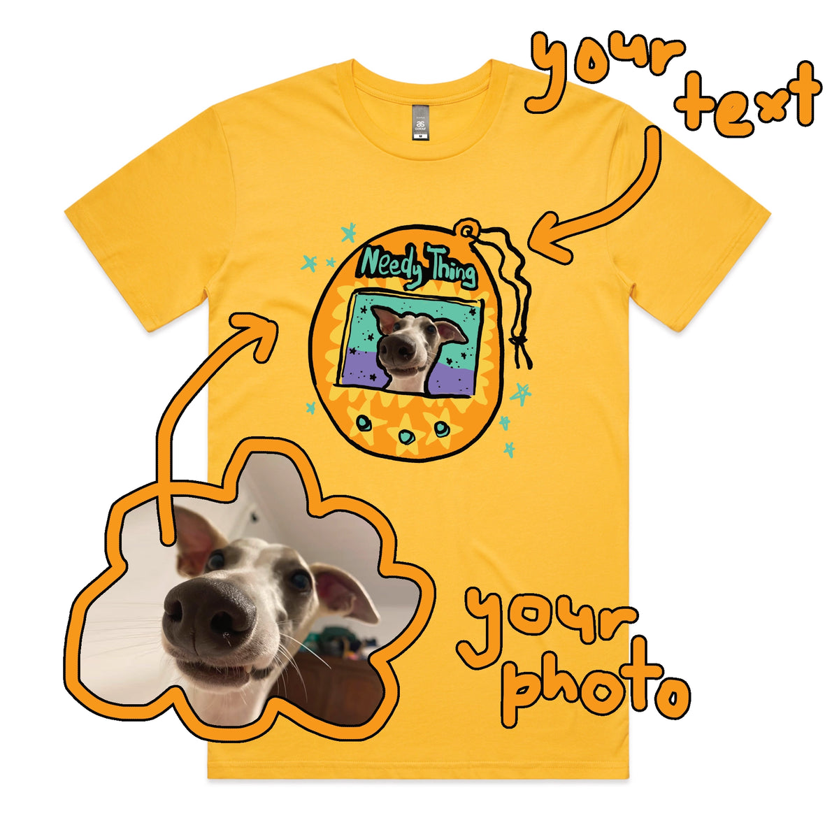 Yellow unisex t-shirt with Custom Digipet graphic by Lonely Kids Club