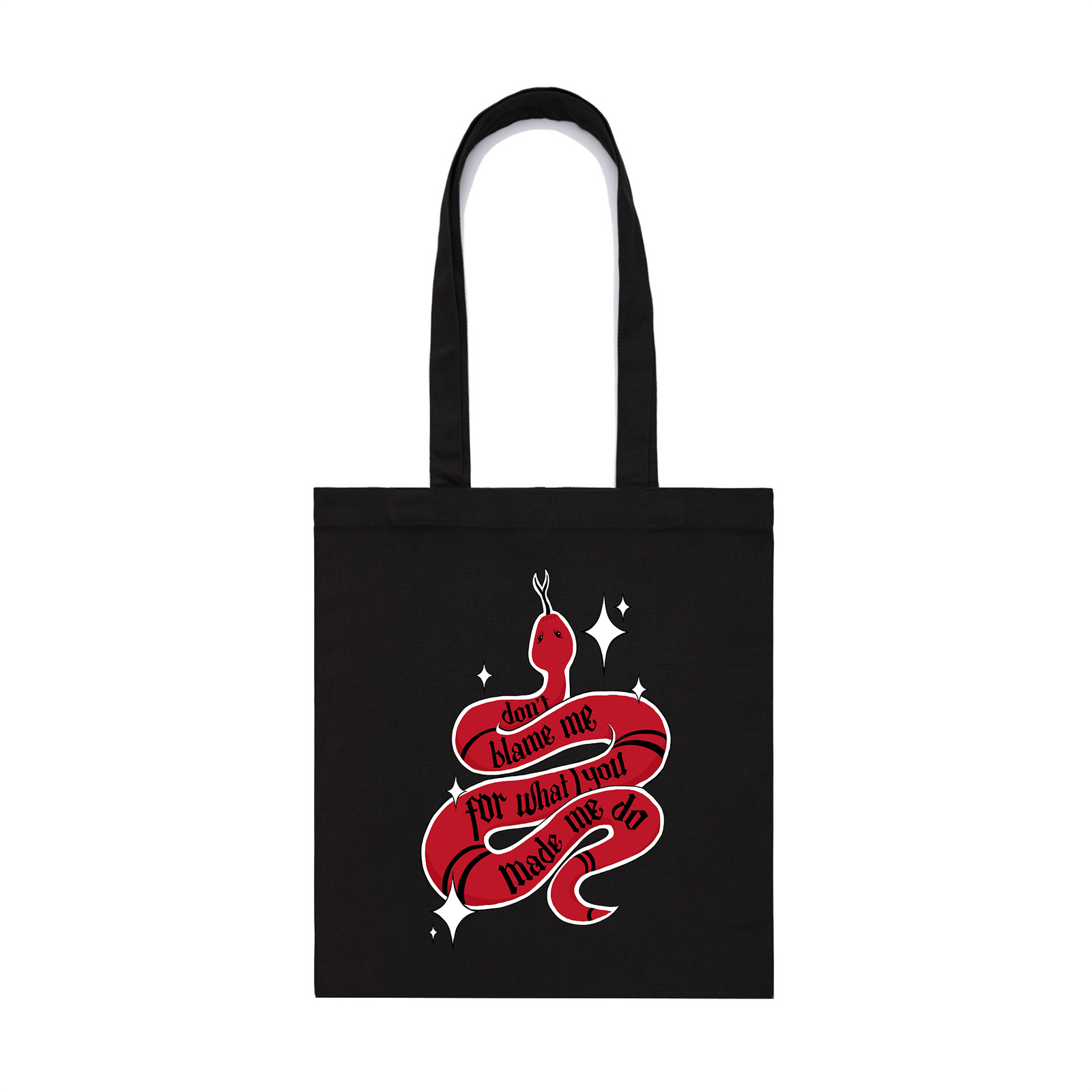 Black parcel tote with Don't Blame Me Tote graphic by Lonely Kids Club