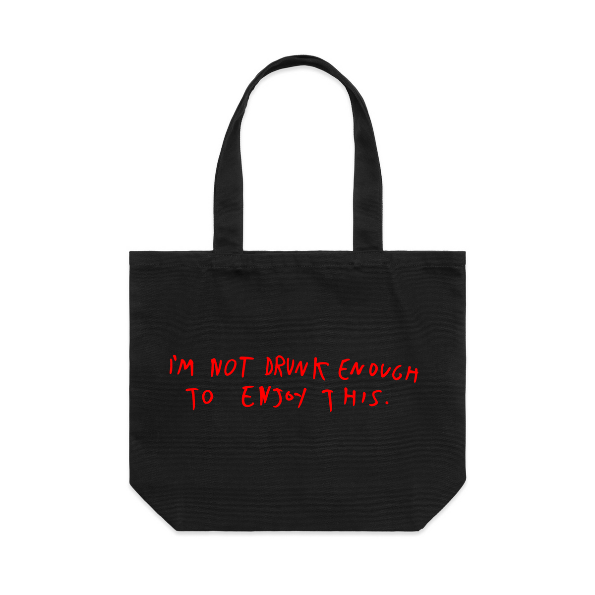 Black shoulder tote with Drunk Xmas Tote graphic by Lonely Kids Club