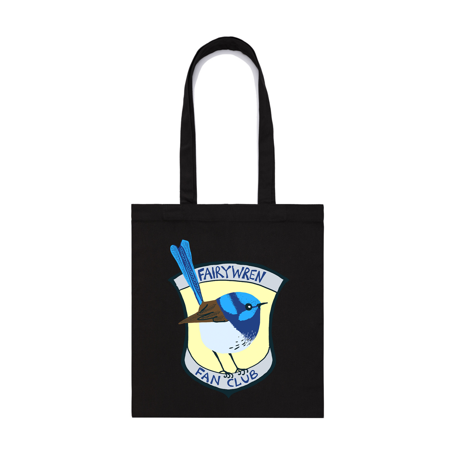 Black parcel tote with Fairywren Fan Club Tote graphic by Lonely Kids Club