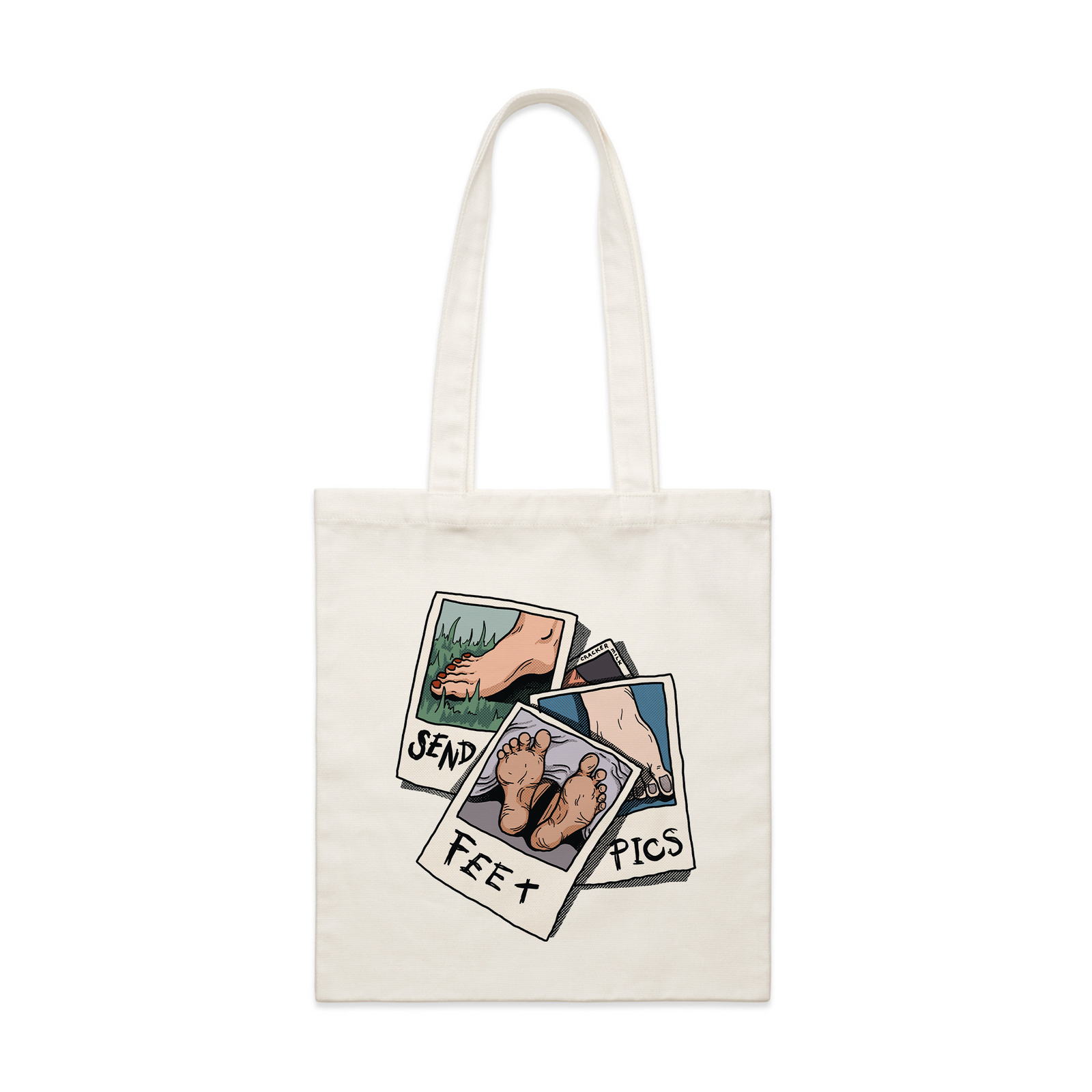 Cream parcel tote with Feet Pics Tote graphic by Lonely Kids Club