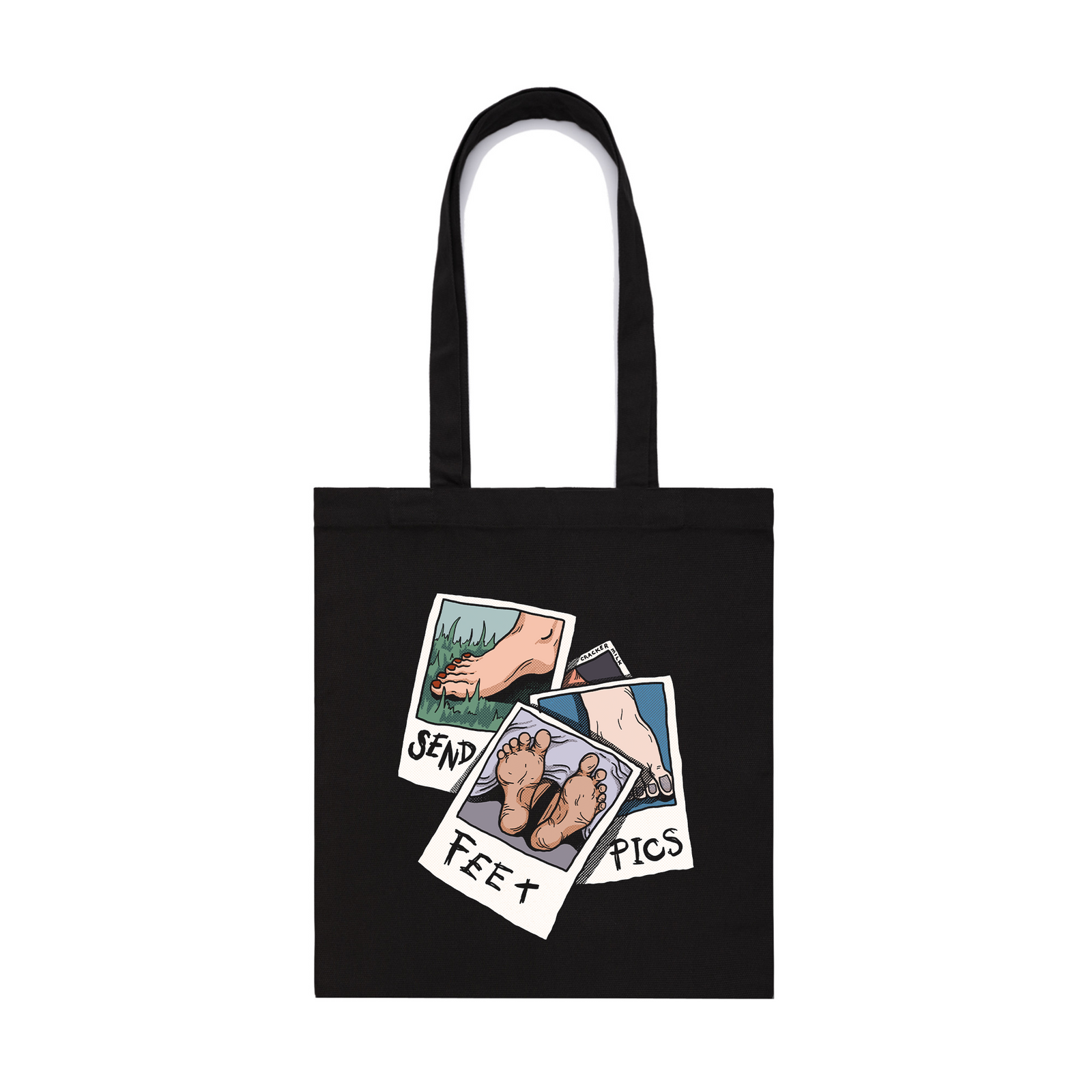 Black parcel tote with Feet Pics Tote graphic by Lonely Kids Club