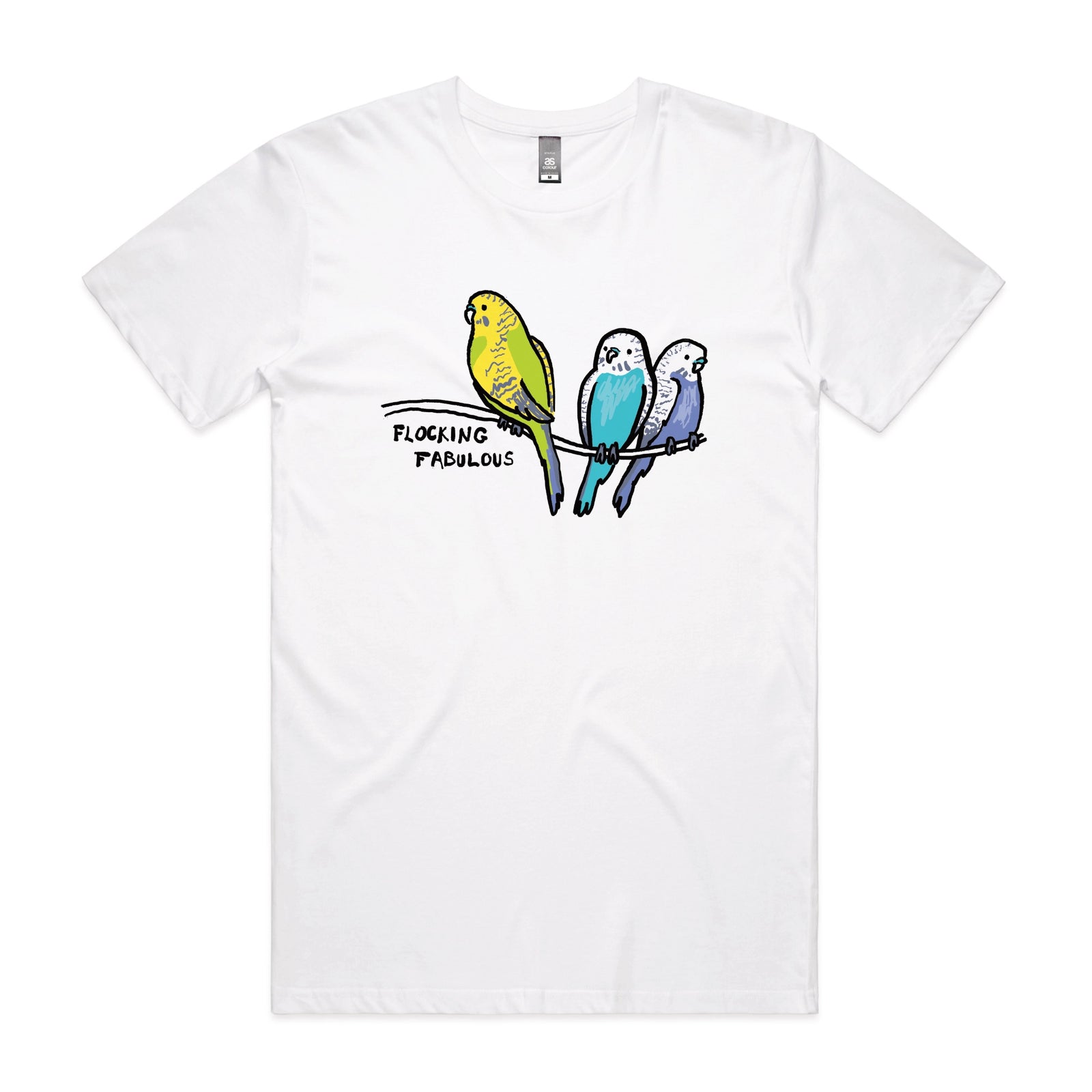 White unisex t-shirt with Flocking Fabulous graphic by Lonely Kids Club
