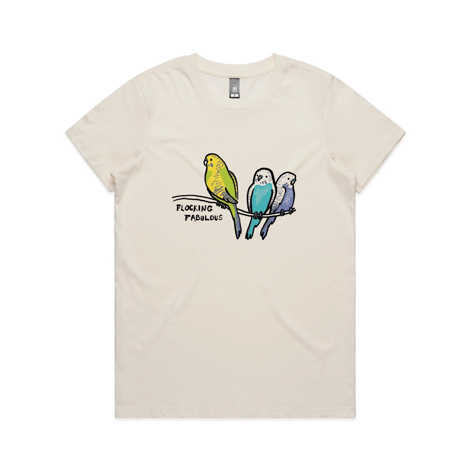 Ecru fitted womens t-shirt with Flocking Fabulous graphic by Lonely Kids Club