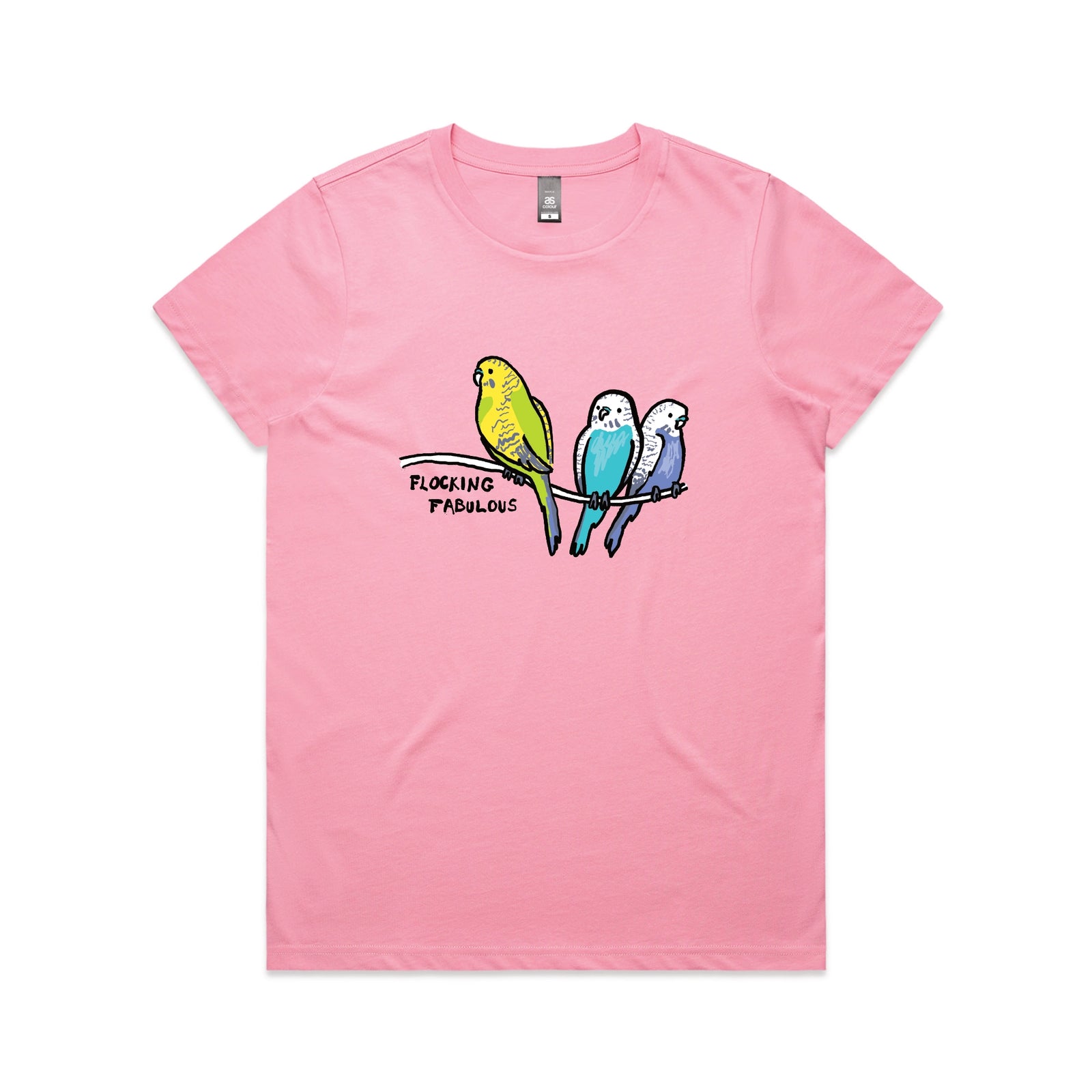 Bubblegum fitted womens t-shirt with Flocking Fabulous graphic by Lonely Kids Club