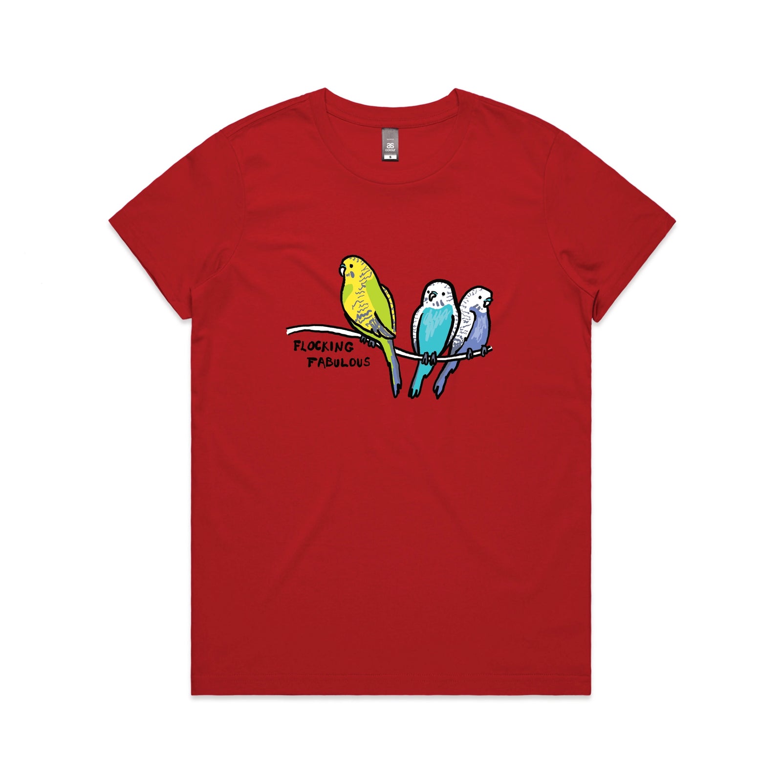 Red fitted womens t-shirt with Flocking Fabulous graphic by Lonely Kids Club