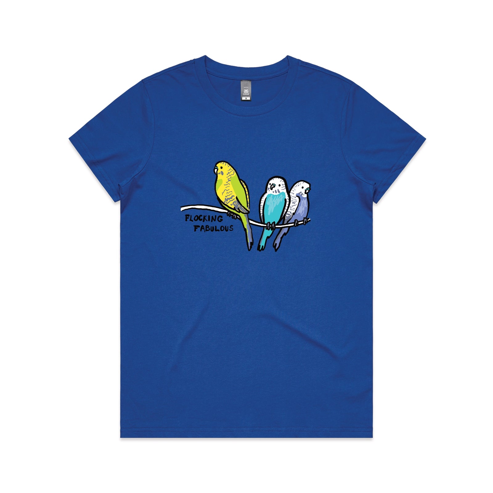 Royal Blue fitted womens t-shirt with Flocking Fabulous graphic by Lonely Kids Club