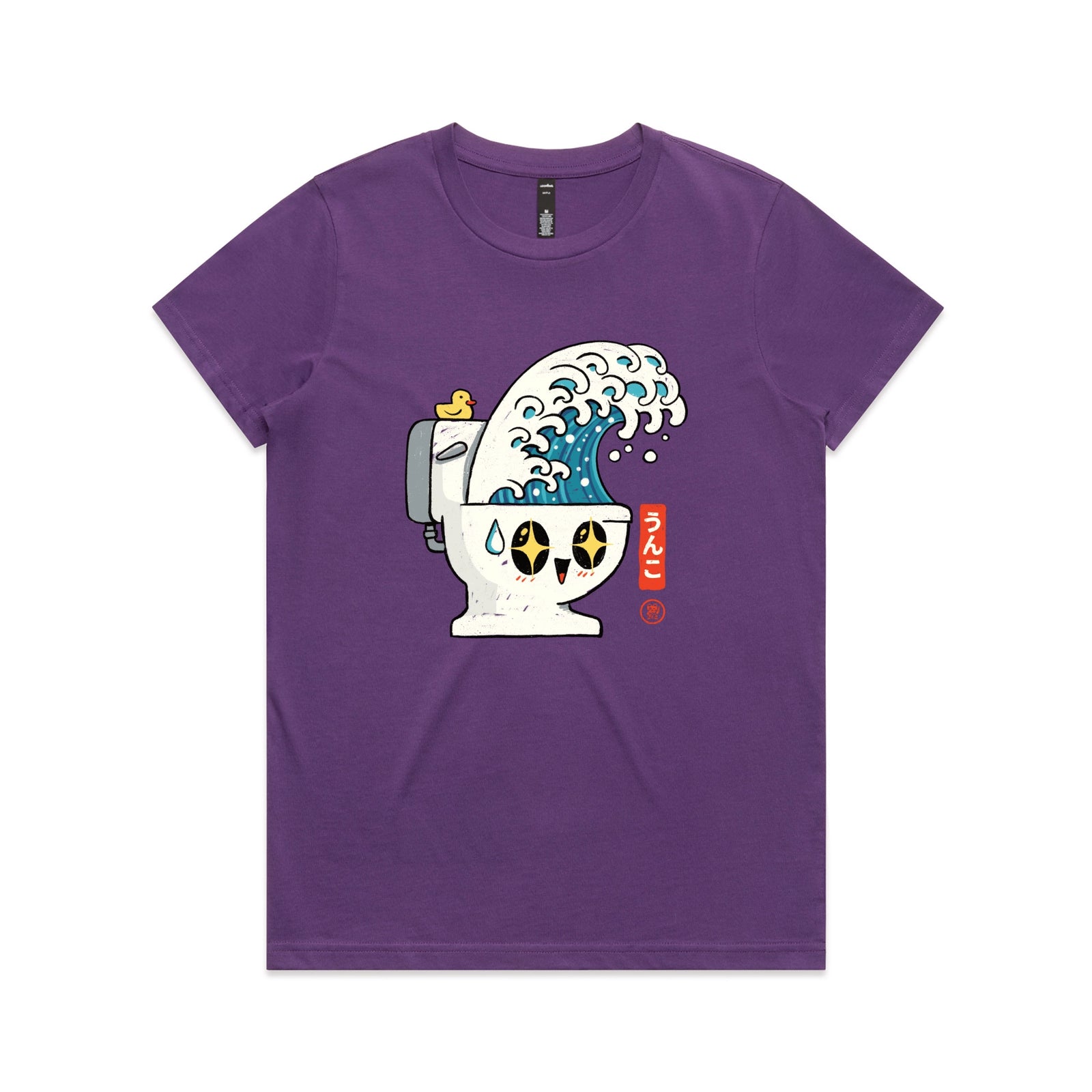 Purple fitted womens t-shirt with The Great Flush graphic by Lonely Kids Club