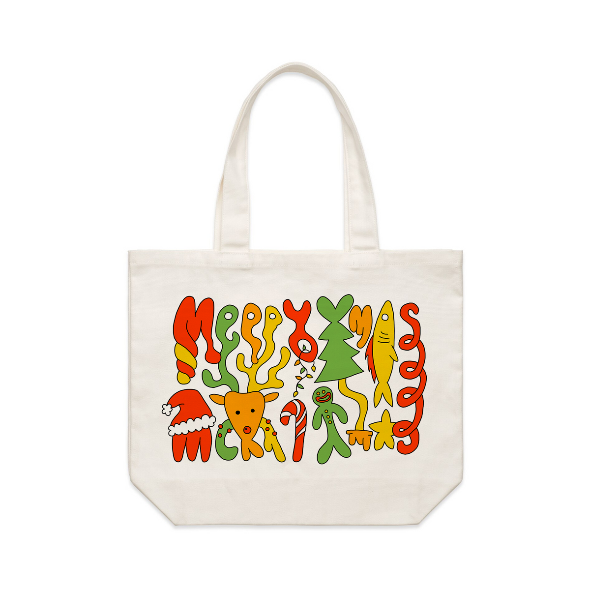 Cream shoulder tote with Foldmas Tote graphic by Lonely Kids Club