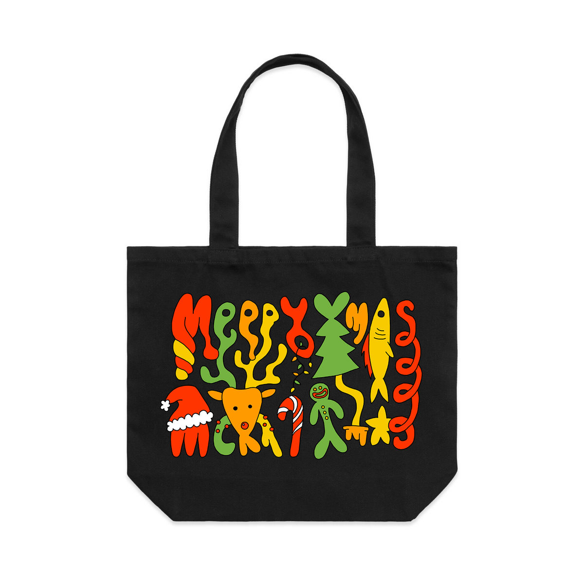 Black shoulder tote with Foldmas Tote graphic by Lonely Kids Club