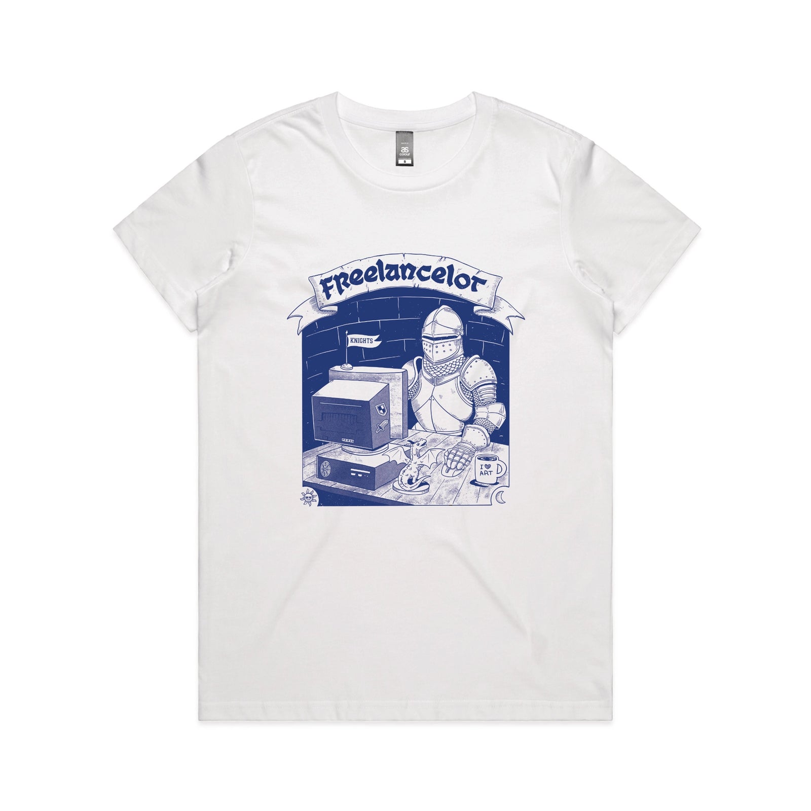 White fitted womens t-shirt with Freelancelot graphic by Lonely Kids Club
