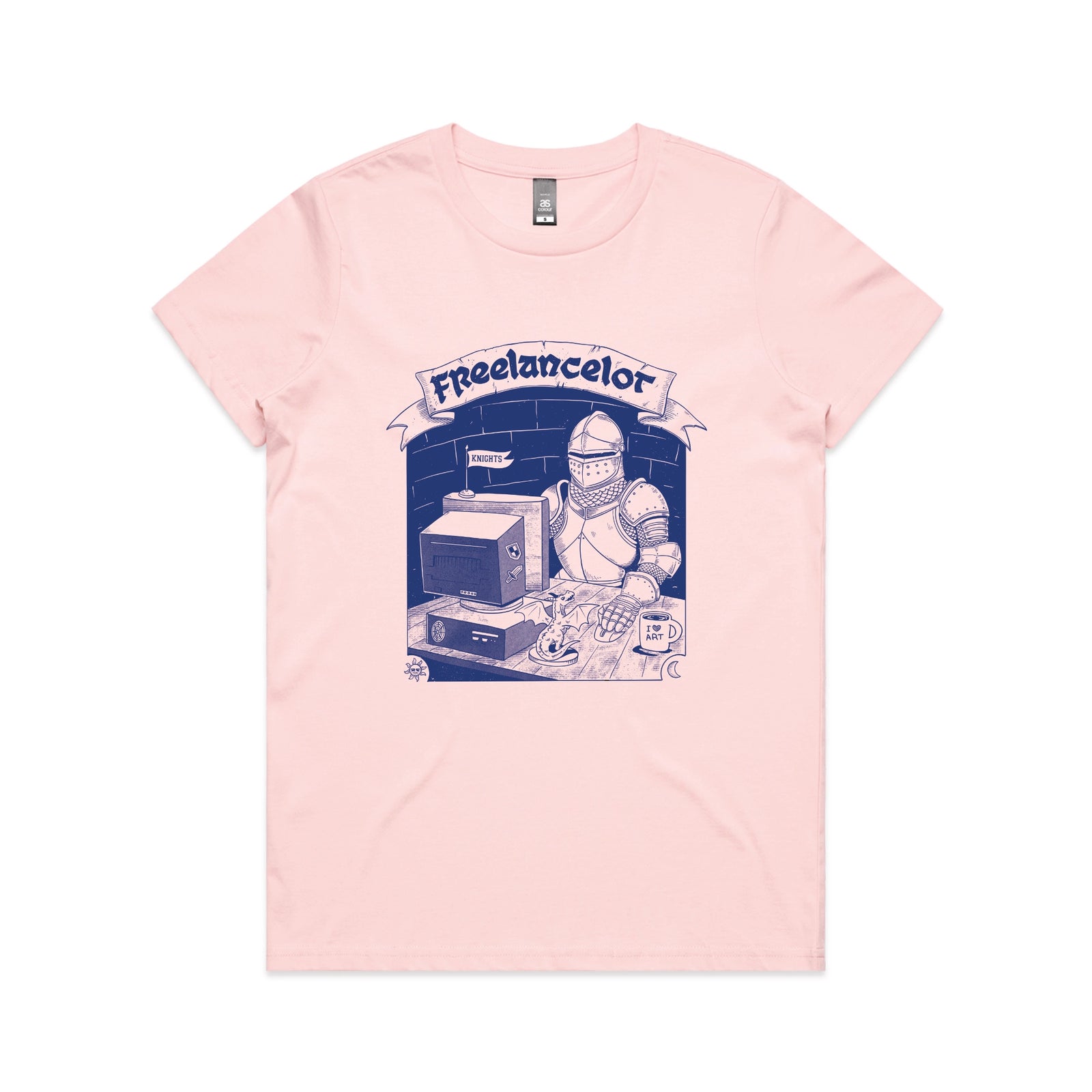 Pink fitted womens t-shirt with Freelancelot graphic by Lonely Kids Club
