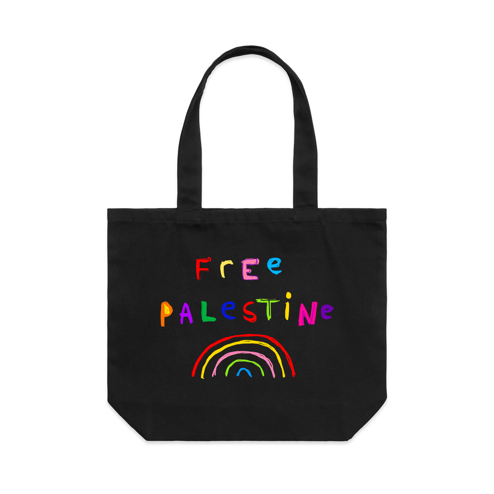 Black shoulder tote with Free Palestine Charity Tote graphic by Lonely Kids Club